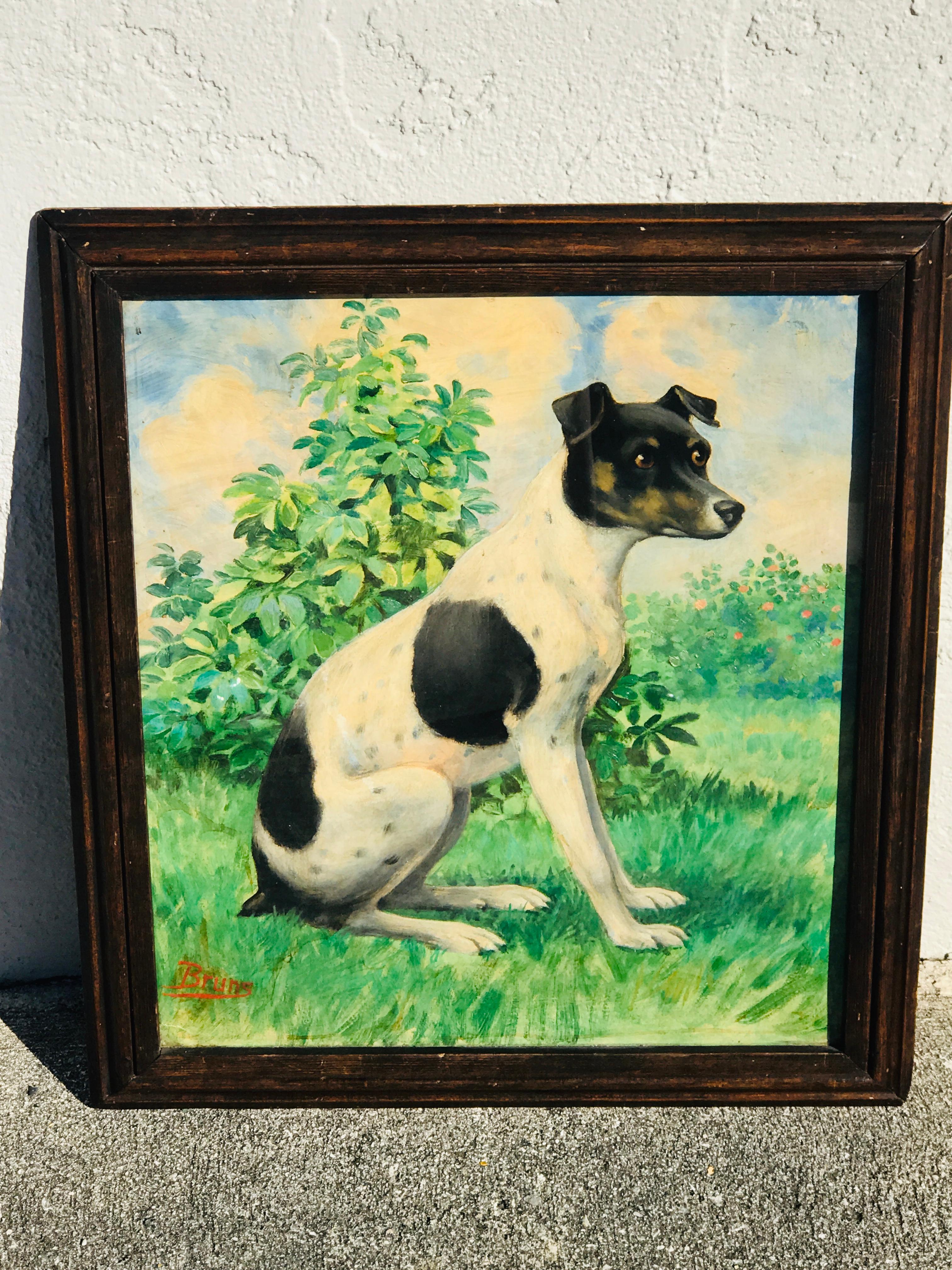Viktorianisches Porträt eines sitzenden Jack Russell in Landschaft, signiert Bruns
Signiert unten links 