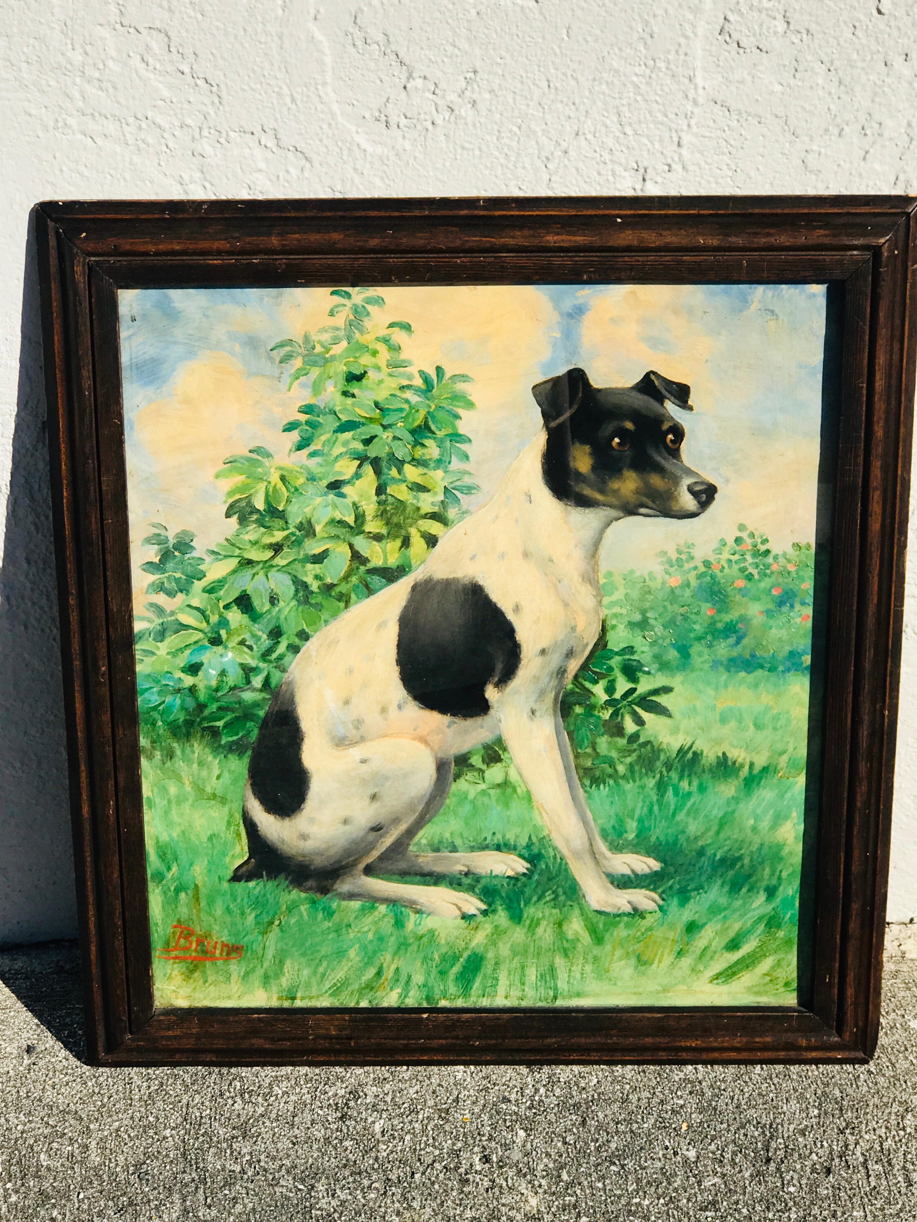 Victorian Portrait of a seated Jack Russell in Landscape, Signed Bruns
Signed Lower Left 