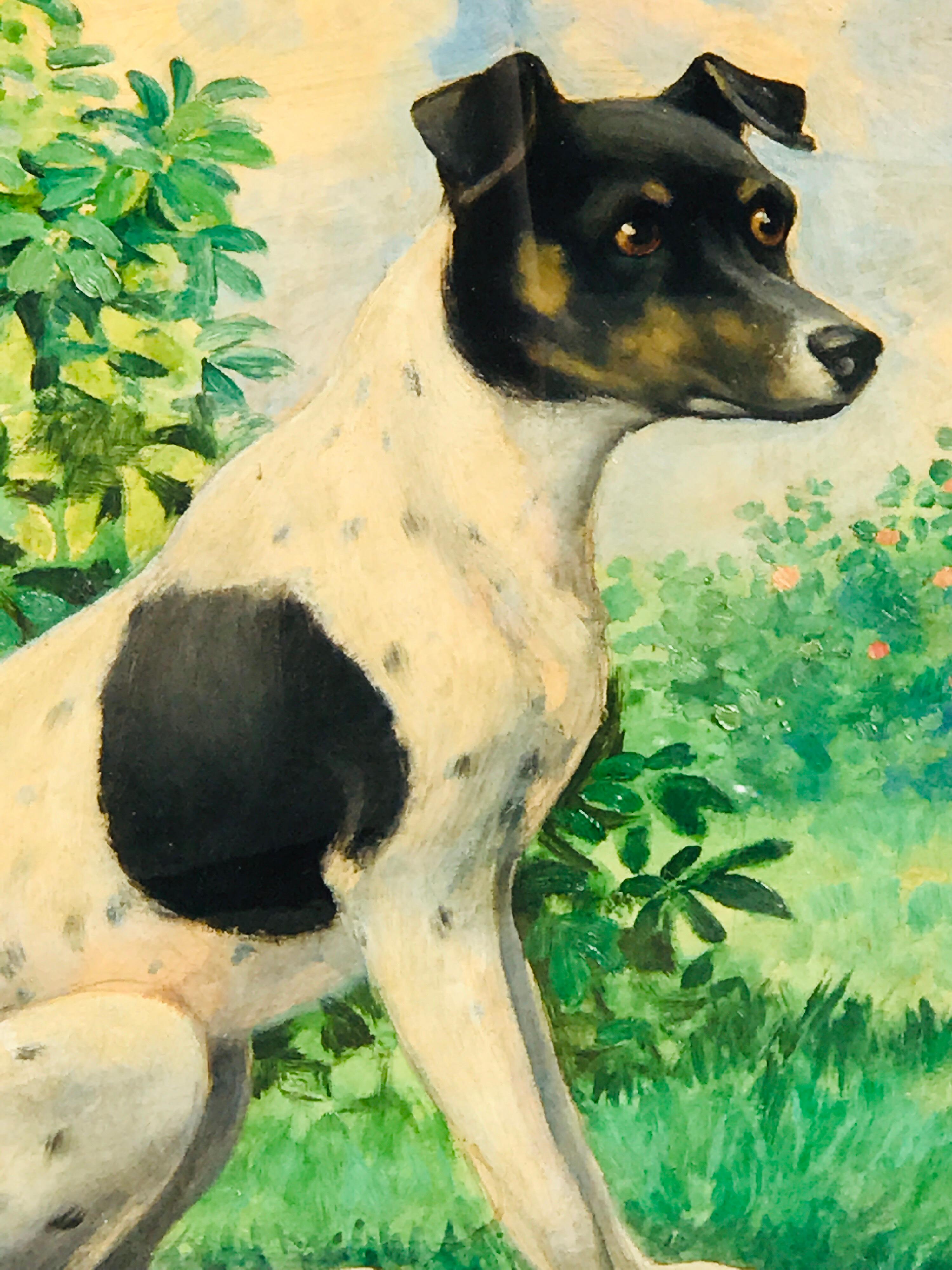 English Victorian Portrait of a Seated Jack Russell in Landscape, Signed Bruns For Sale