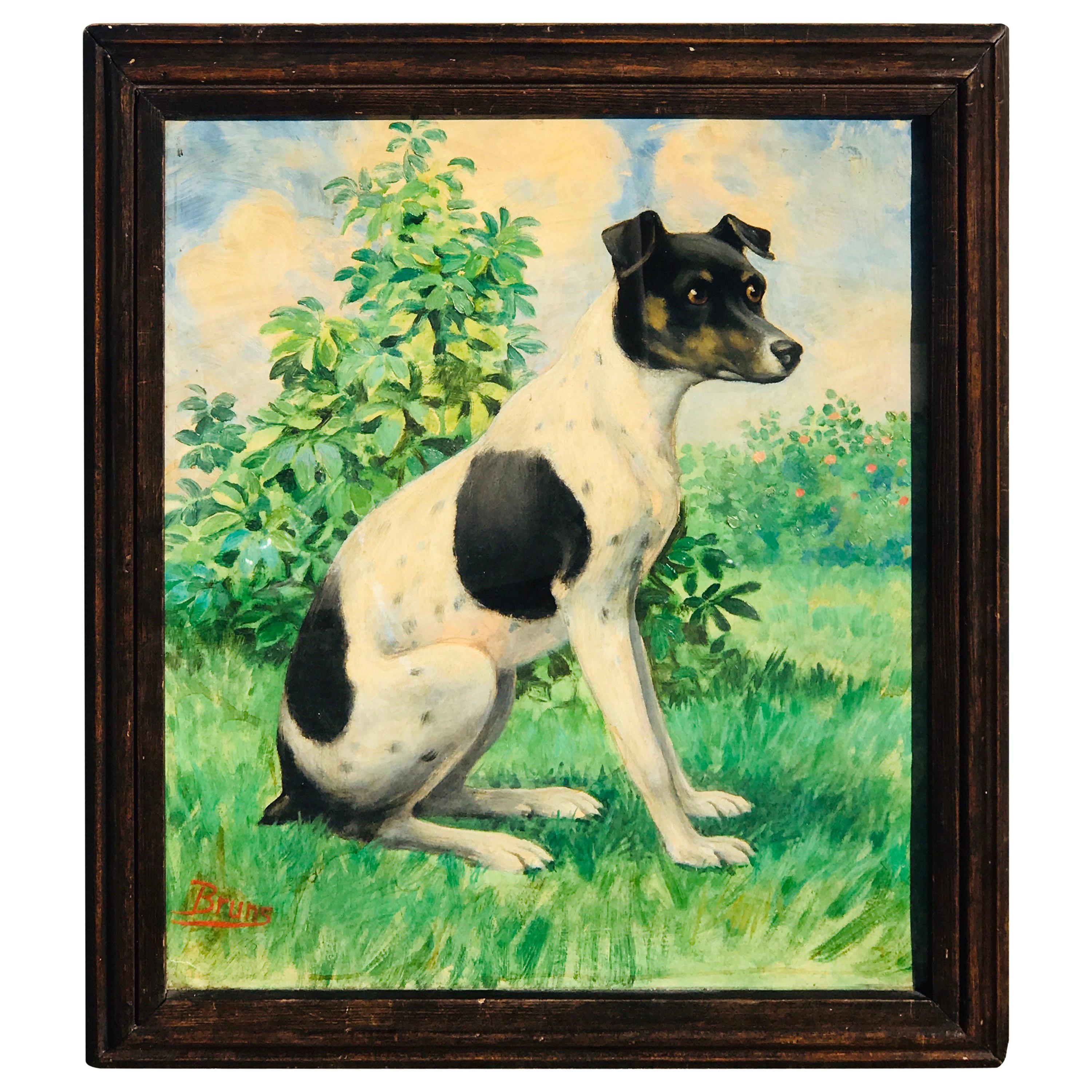 Portrait victorien d'un Jack Russell assis dans un paysage, signé Bruns