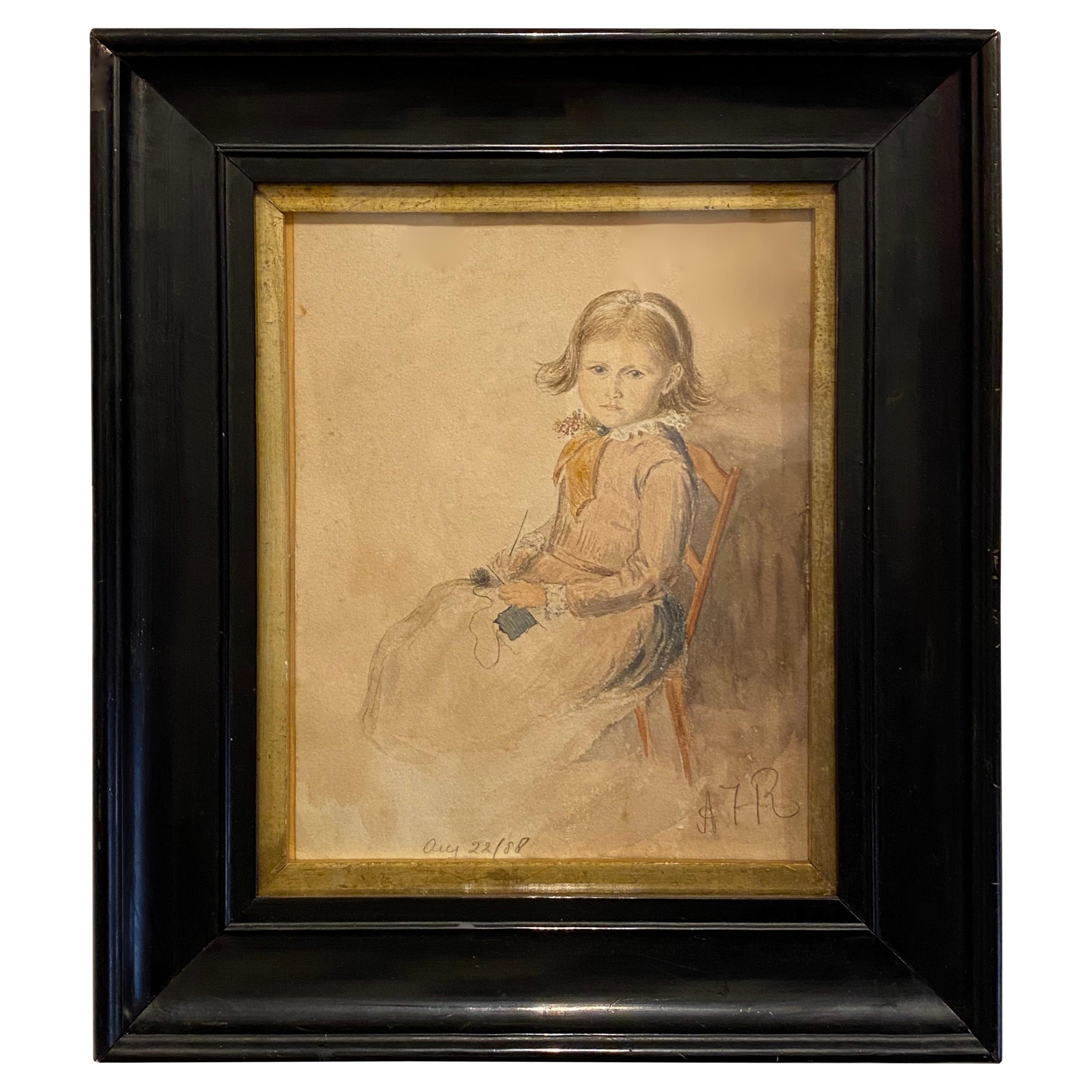 Victorian Portrait of a Seated Young Girl Knitting