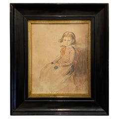 Antique Victorian Portrait of a Seated Young Girl Knitting