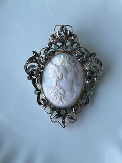 Victorian Portuguese 19k Gold Silver Emerald Coral Cameo Bacchante Brooch/Pendan