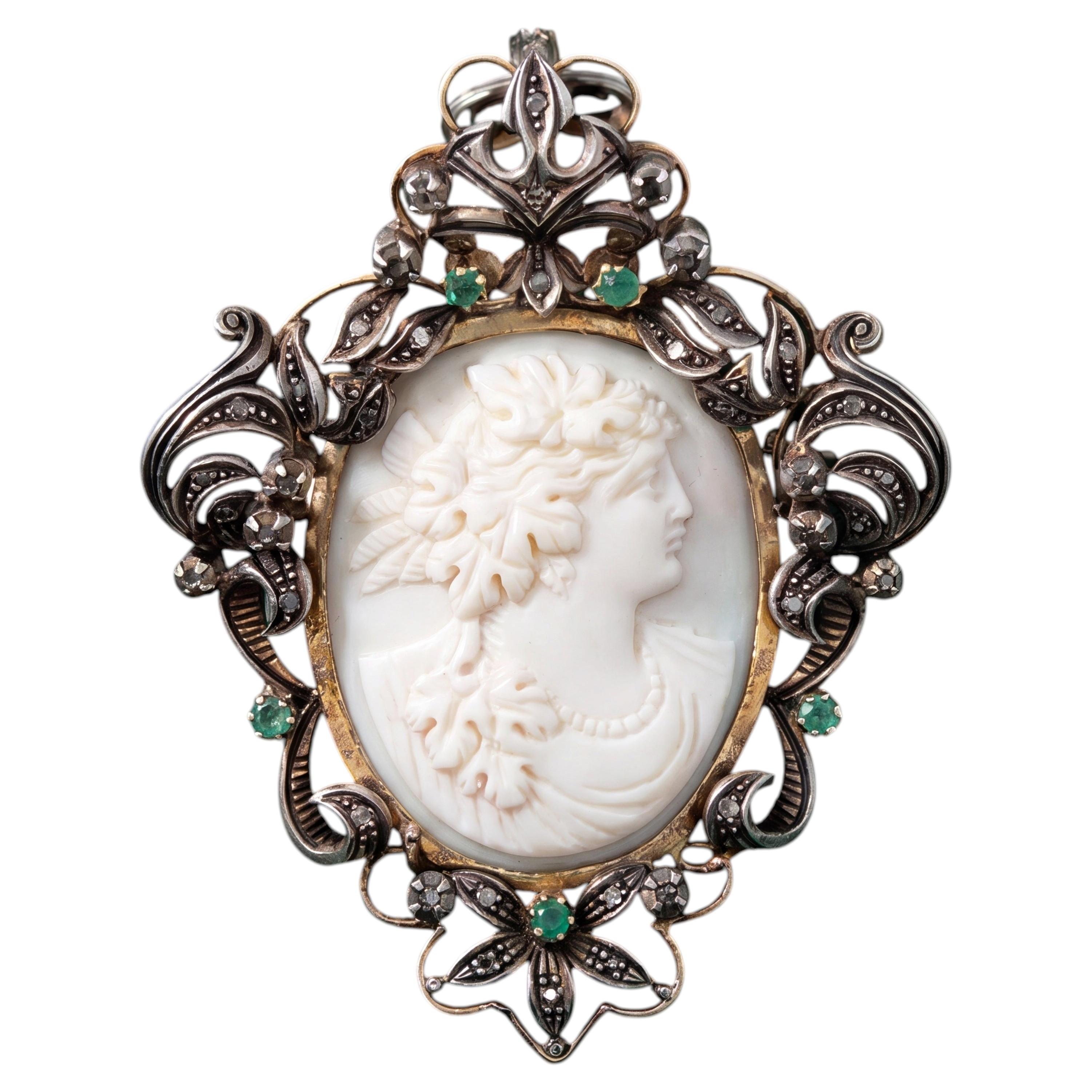 Victorian Portuguese 19k Gold Silver Emerald Coral Cameo Bacchante Brooch/Pendan