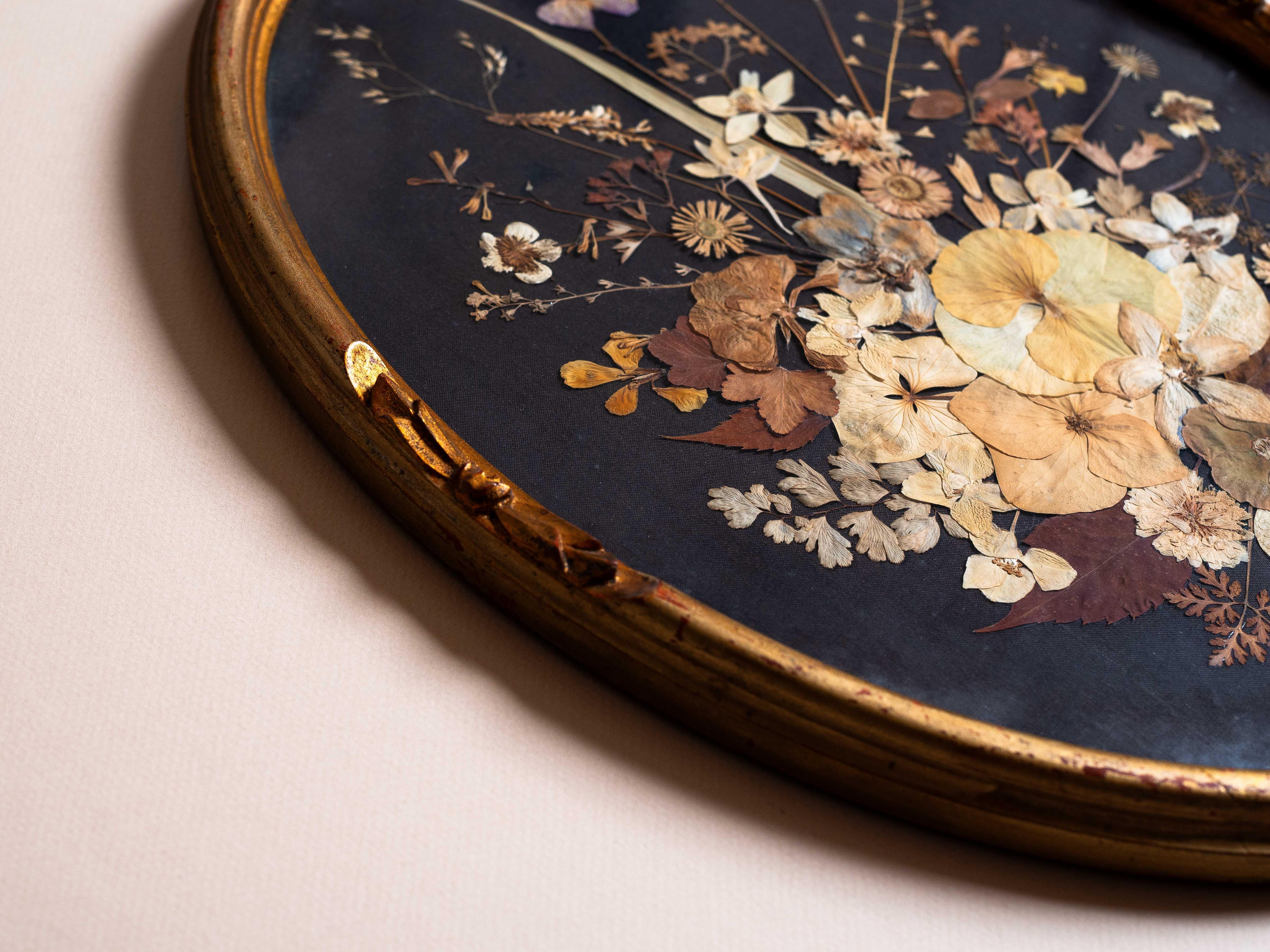 Fabric Victorian Pressed Flower Oddity, Botanical Art in Gilt Oval Frame, 19th Century For Sale
