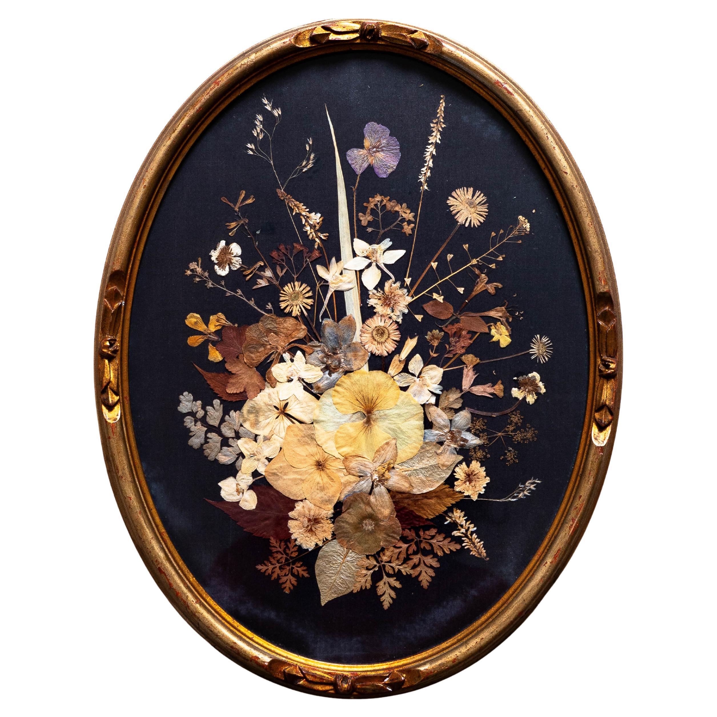 Victorian Pressed Flower Oddity, Botanical Art in Gilt Oval Frame, 19th Century