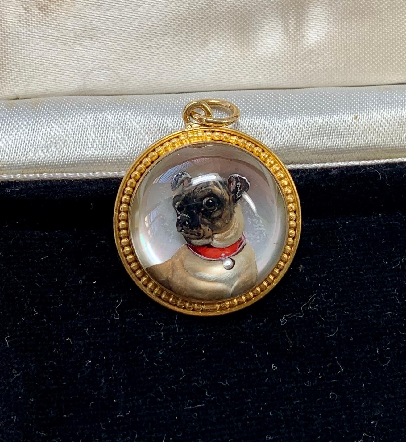 Cabochon Victorian Pug Dog Pendant Enamel Essex Crystal 18 Karat Gold Necklace