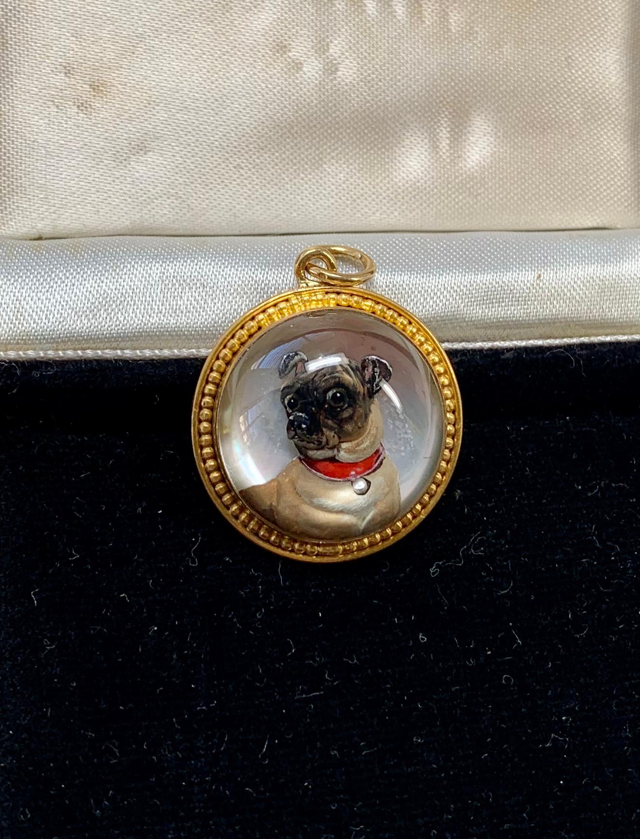 Victorian Pug Dog Pendant Enamel Essex Crystal 18 Karat Gold Necklace In Good Condition In New York, NY