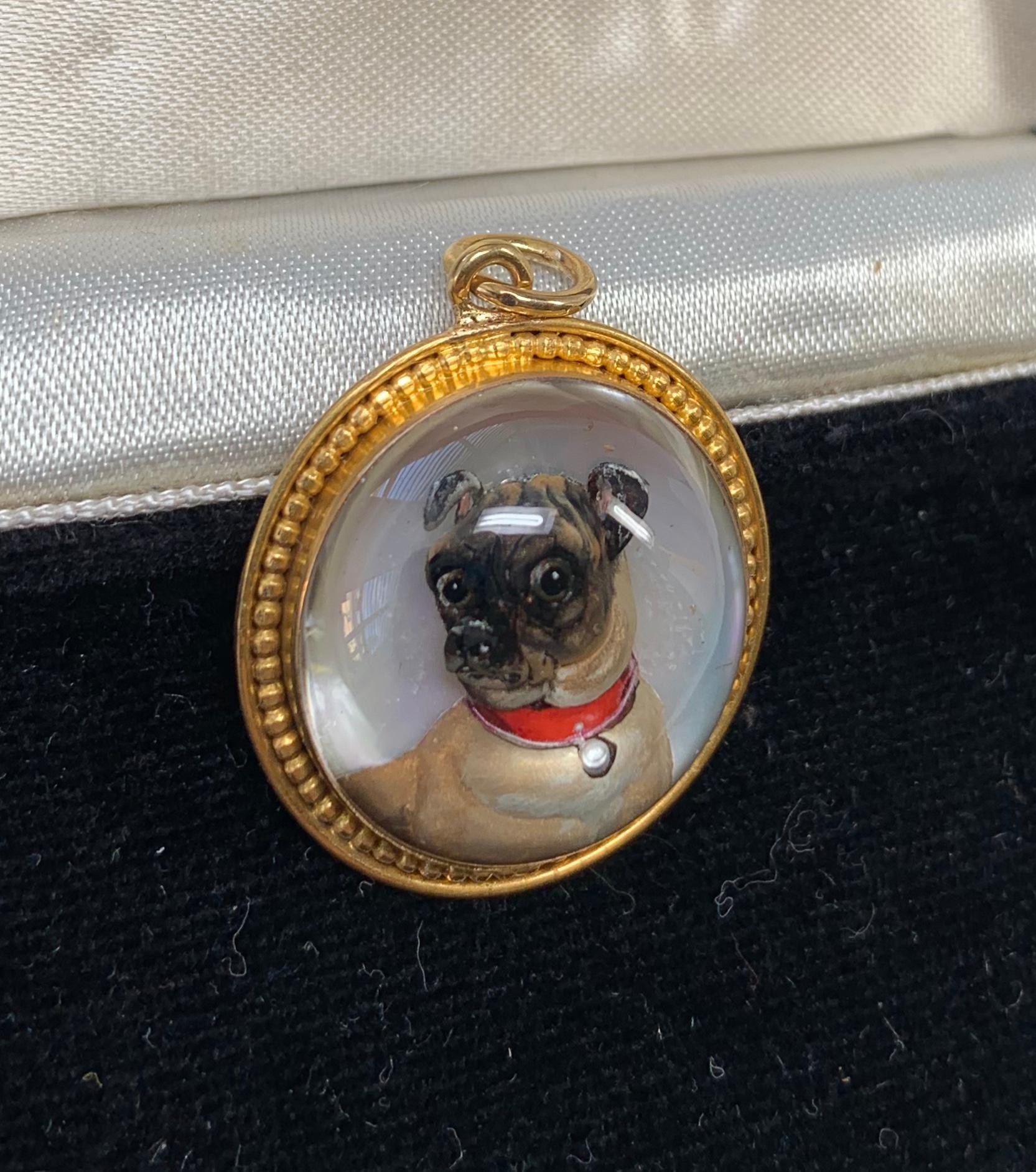 Women's Victorian Pug Dog Pendant Enamel Essex Crystal 18 Karat Gold Necklace