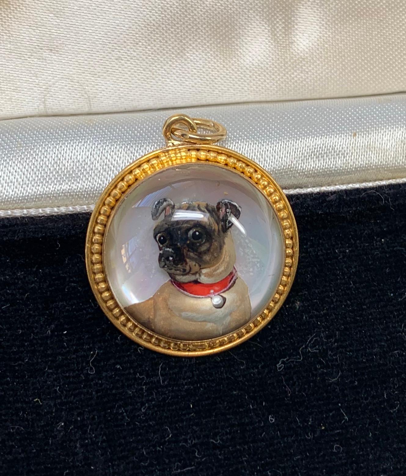 Victorian Pug Dog Pendant Enamel Essex Crystal 18 Karat Gold Necklace 1