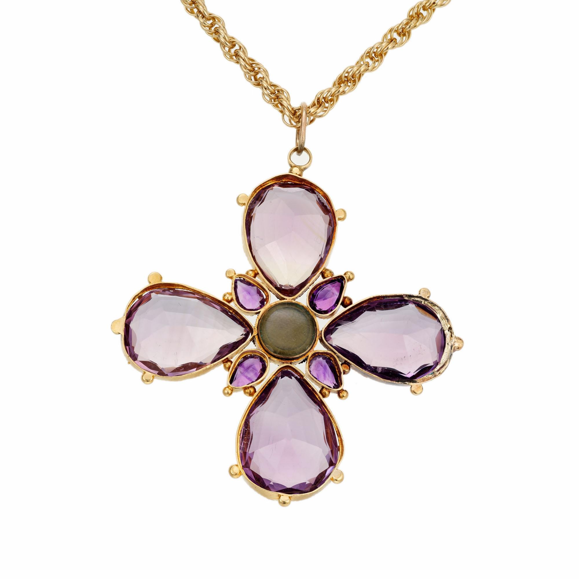 Pear Cut Victorian Purple Amethyst Pearl Cross Yellow Gold Pendant Necklace For Sale