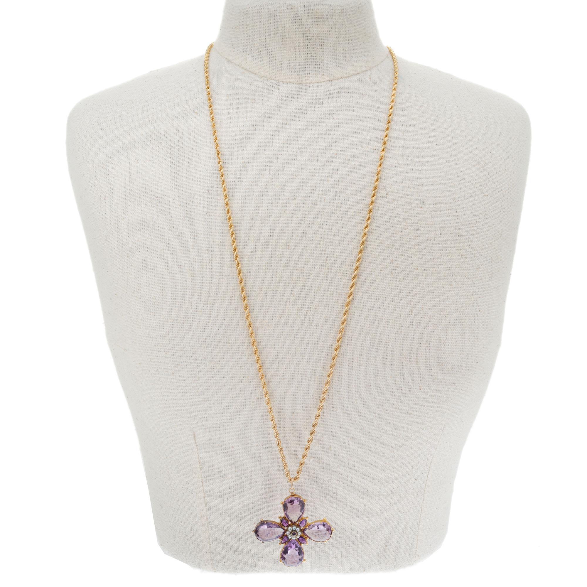 Victorian Purple Amethyst Pearl Cross Yellow Gold Pendant Necklace In Good Condition For Sale In Stamford, CT