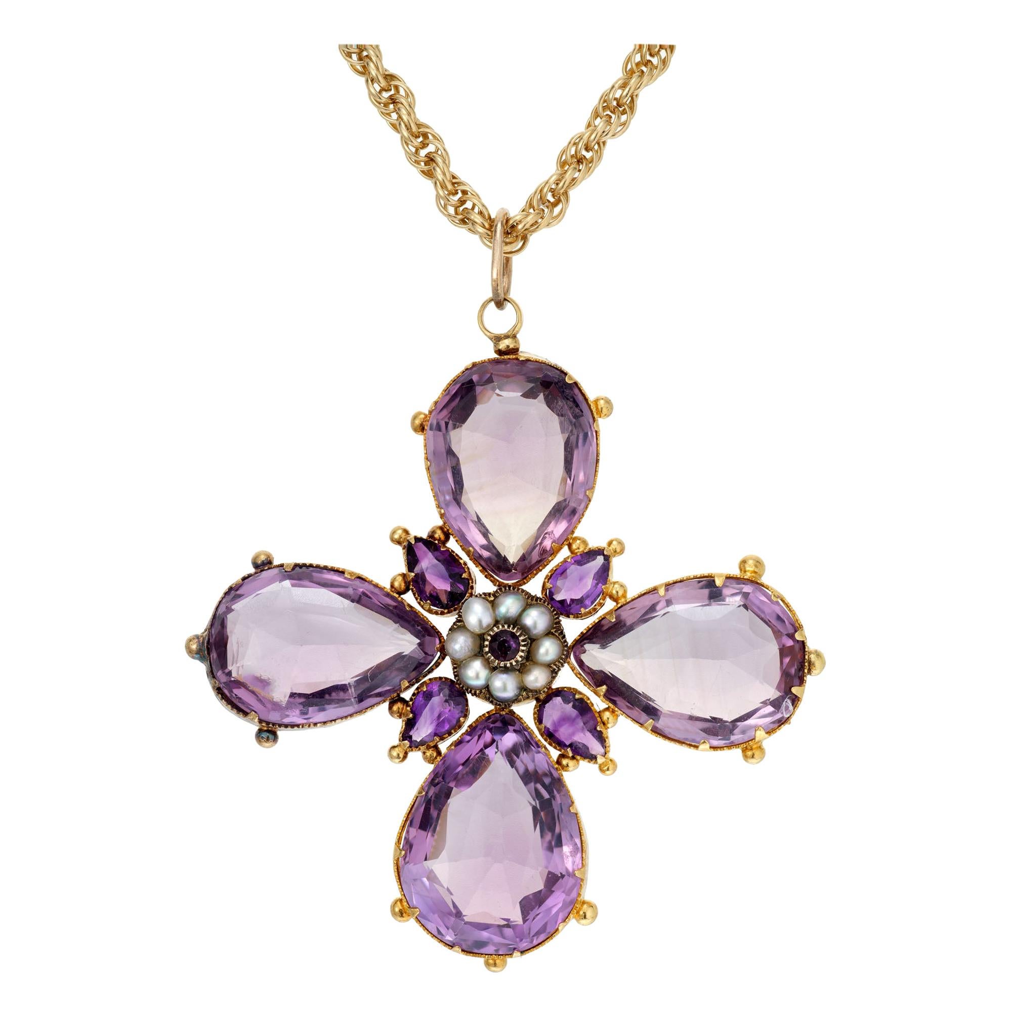Victorian Purple Amethyst Pearl Cross Yellow Gold Pendant Necklace