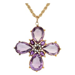 Vintage Victorian Purple Amethyst Pearl Cross Yellow Gold Pendant Necklace