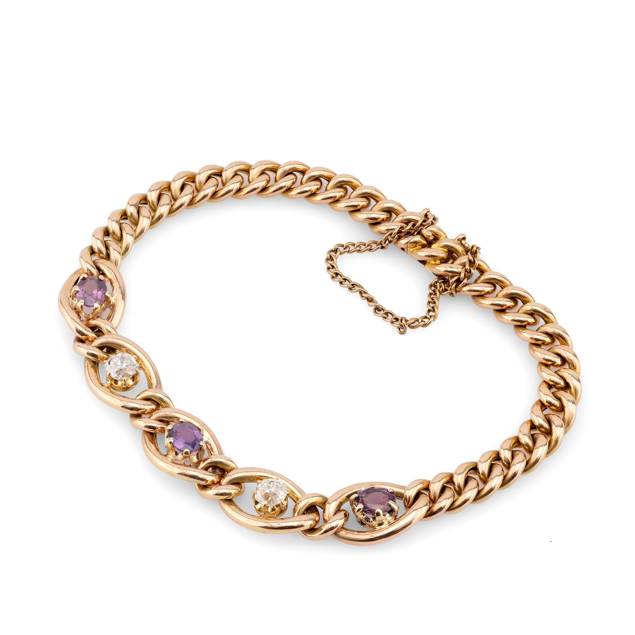 Viktorianisches Armband aus 15 Karat Gelbgold mit lila Saphir und Diamant (Ovalschliff)