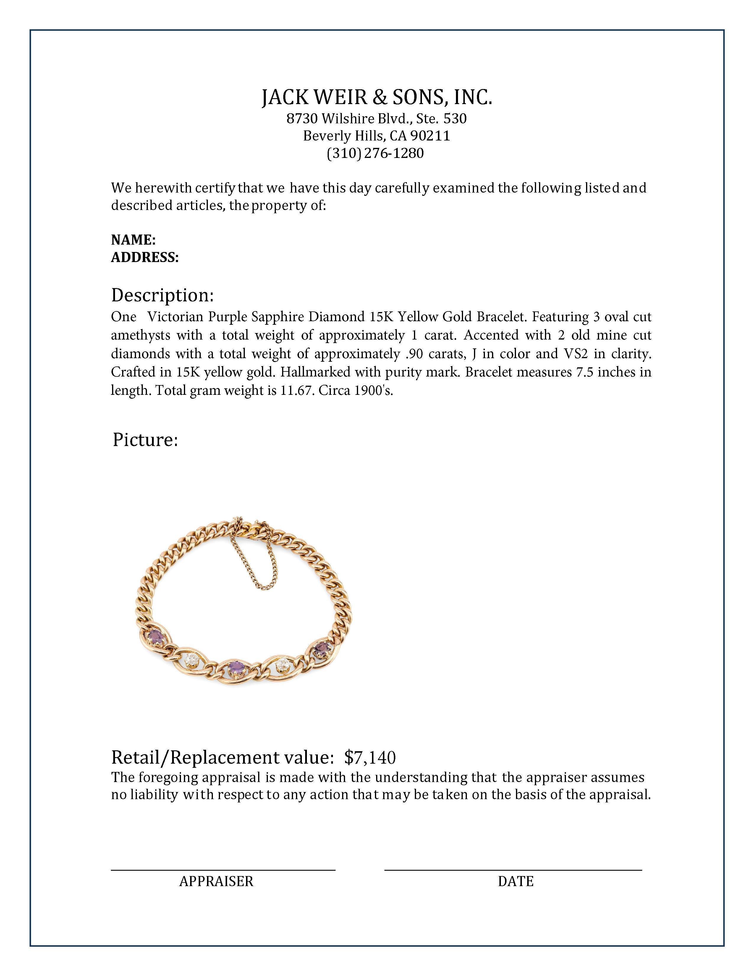 Viktorianisches Armband aus 15 Karat Gelbgold mit lila Saphir und Diamant für Damen oder Herren