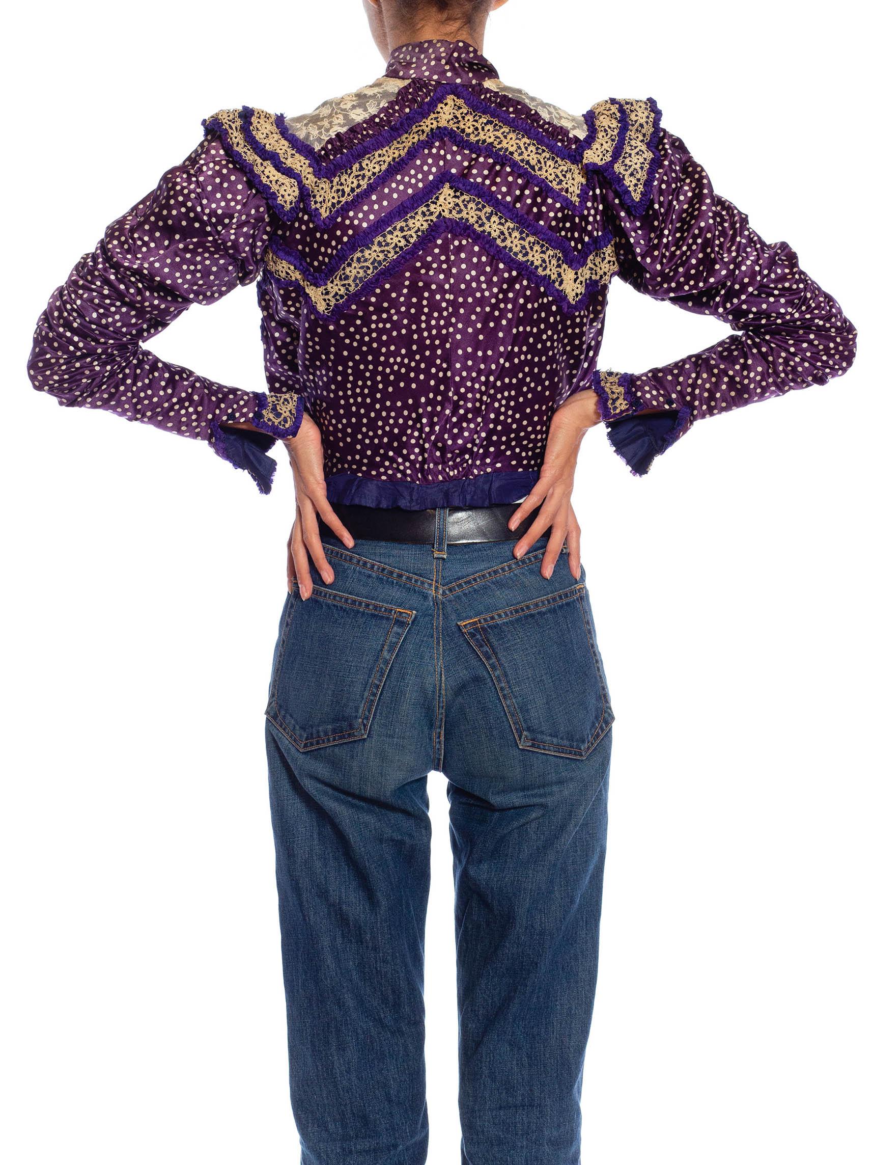 Women's Victorian Purple & White Silk Polka Dot Jacket With Antique Lace