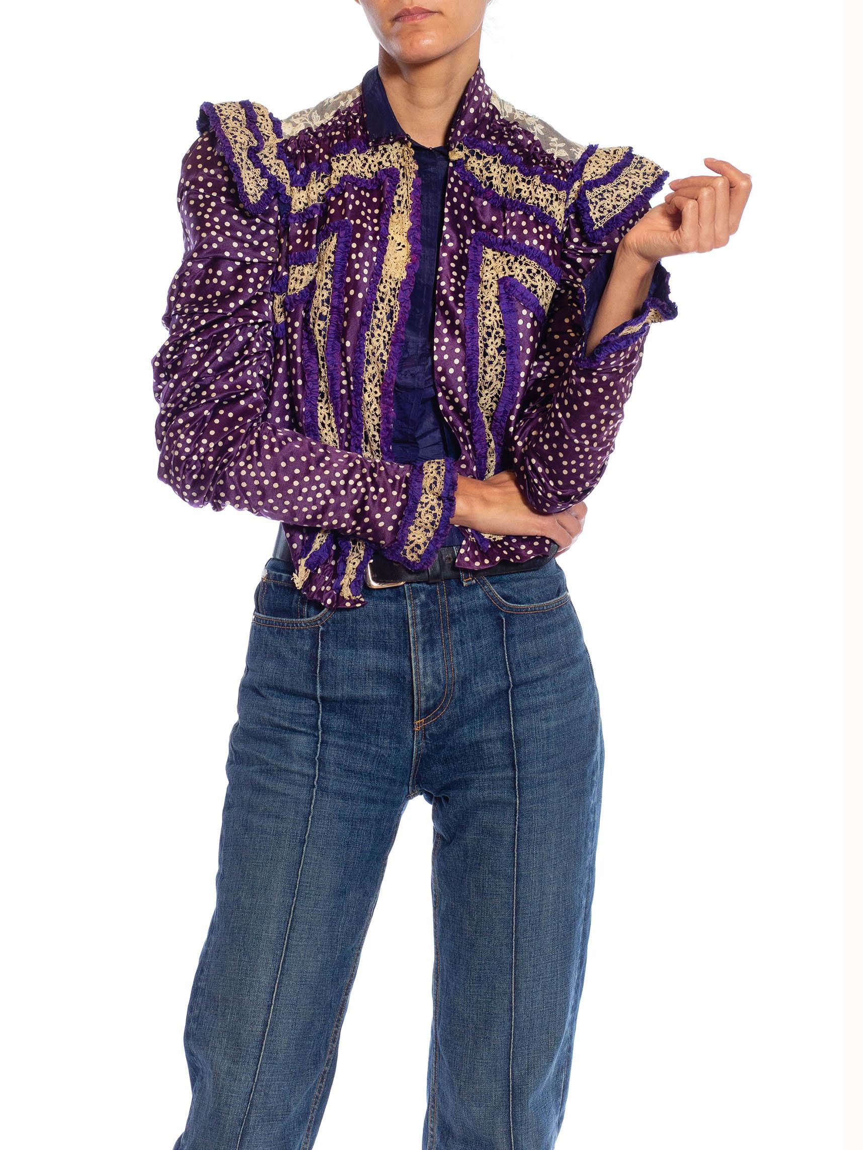 Victorian Purple & White Silk Polka Dot Jacket With Antique Lace 2