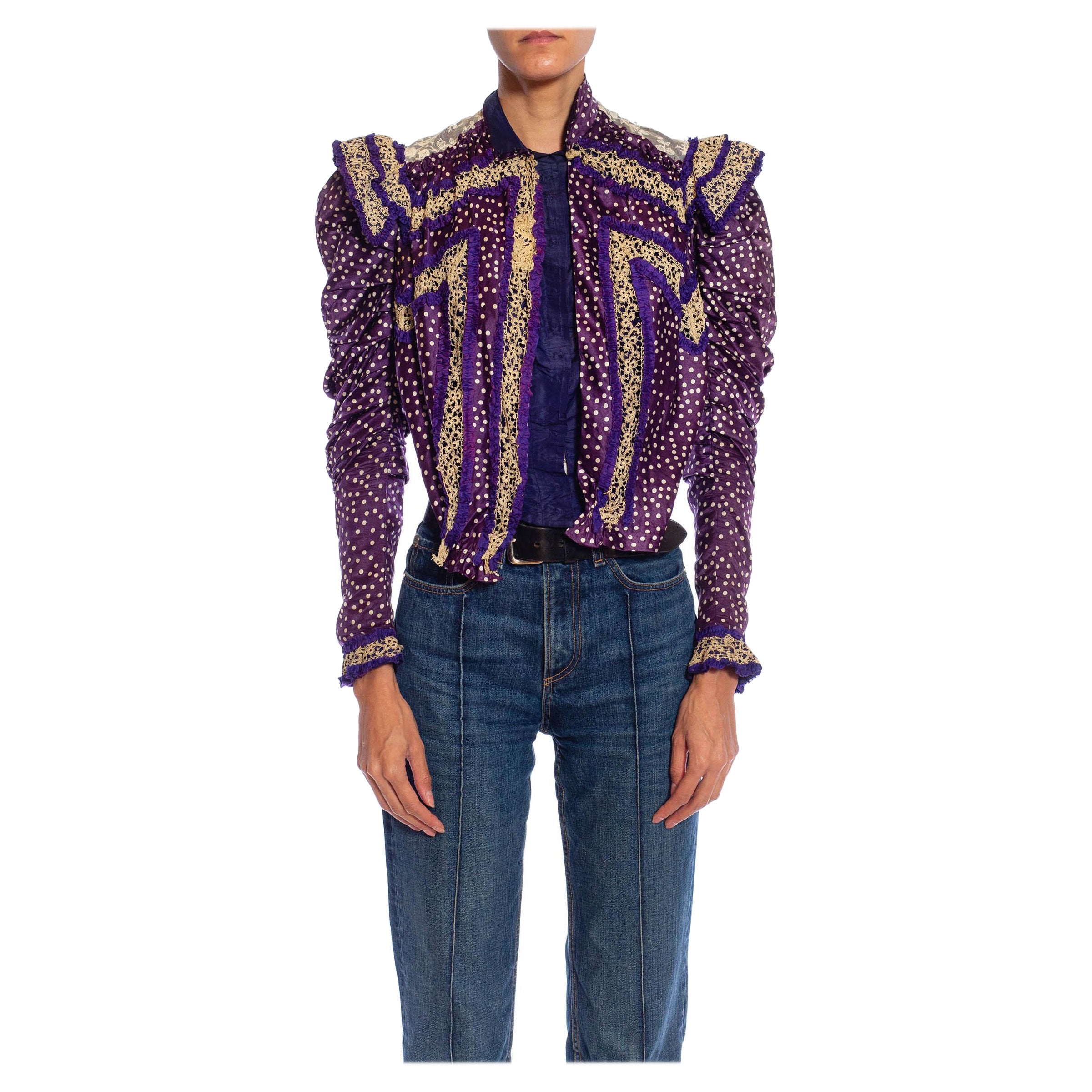 Victorian Purple 
White Silk Polka Dot Jacket With Antique Lace