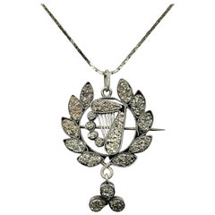 Antique Victorian Pyrite Druzy Lyre Laurel Wreath Clover Pendant Necklace Brooch Apollo