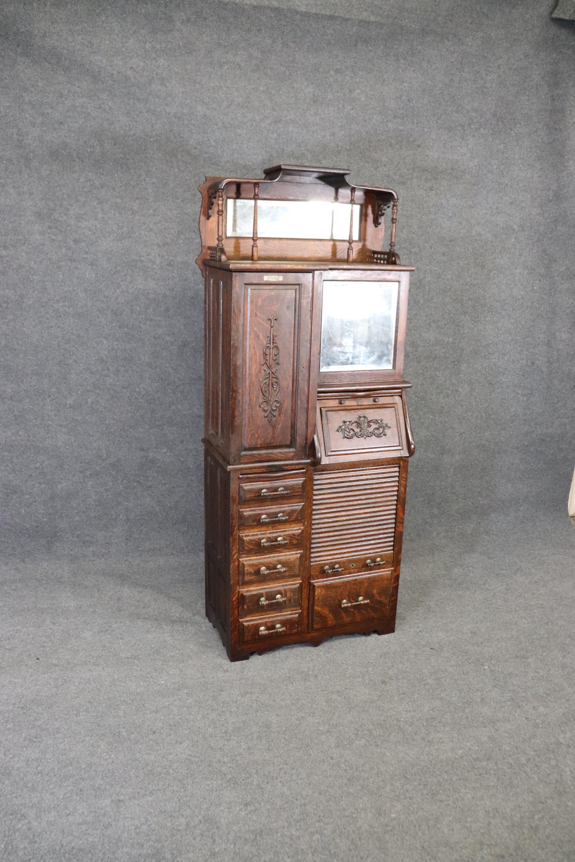 Victorian Quarter Sawn Oak Harvard Dental Cabinet with Tambor Multiple Drawers 4