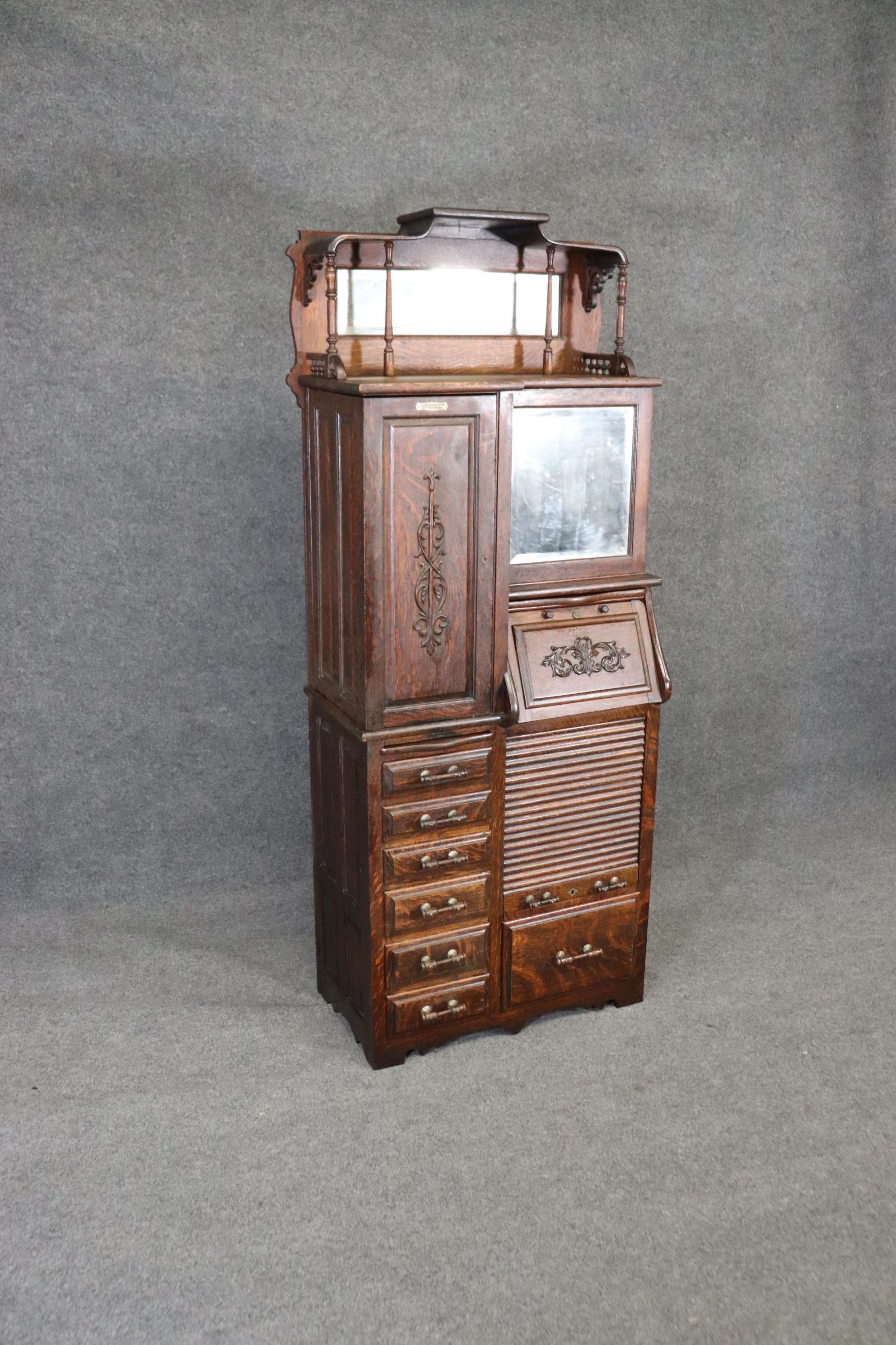 Victorian Quarter Sawn Oak Harvard Dental Cabinet with Tambor Multiple Drawers 4