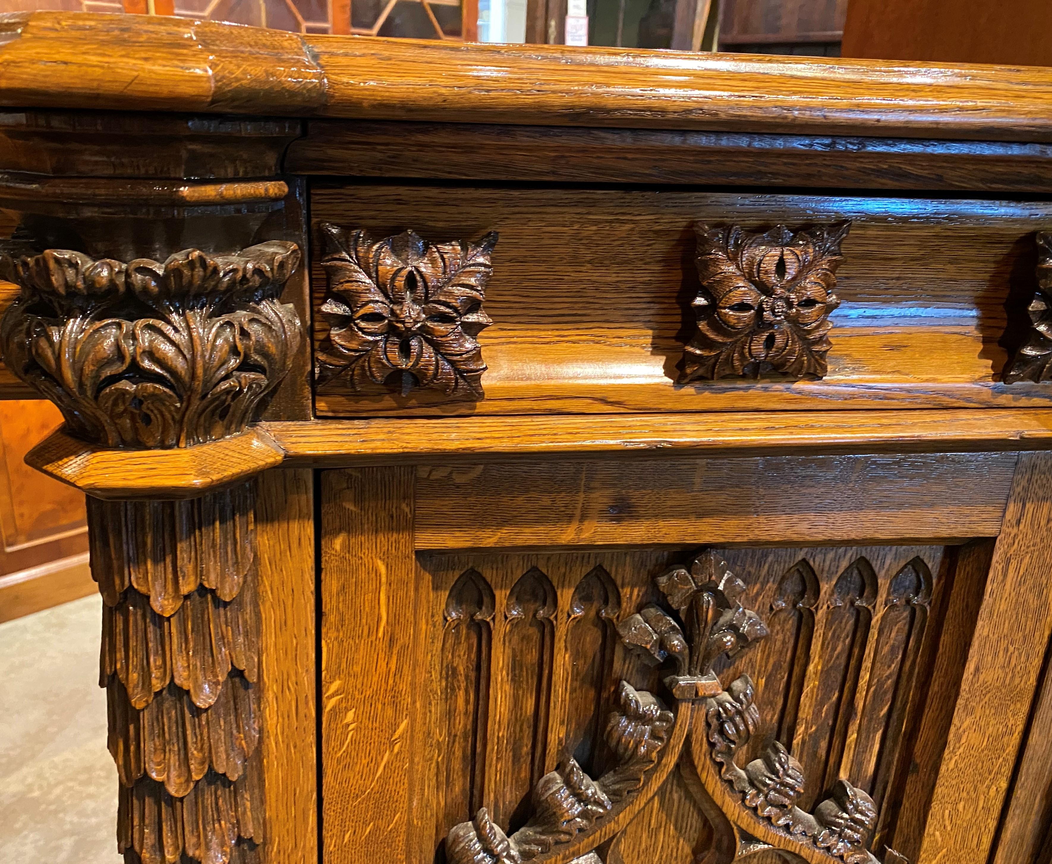 Gothic Revival Quarter Sawn Oak Sideboard with Exceptional Carving For Sale 8