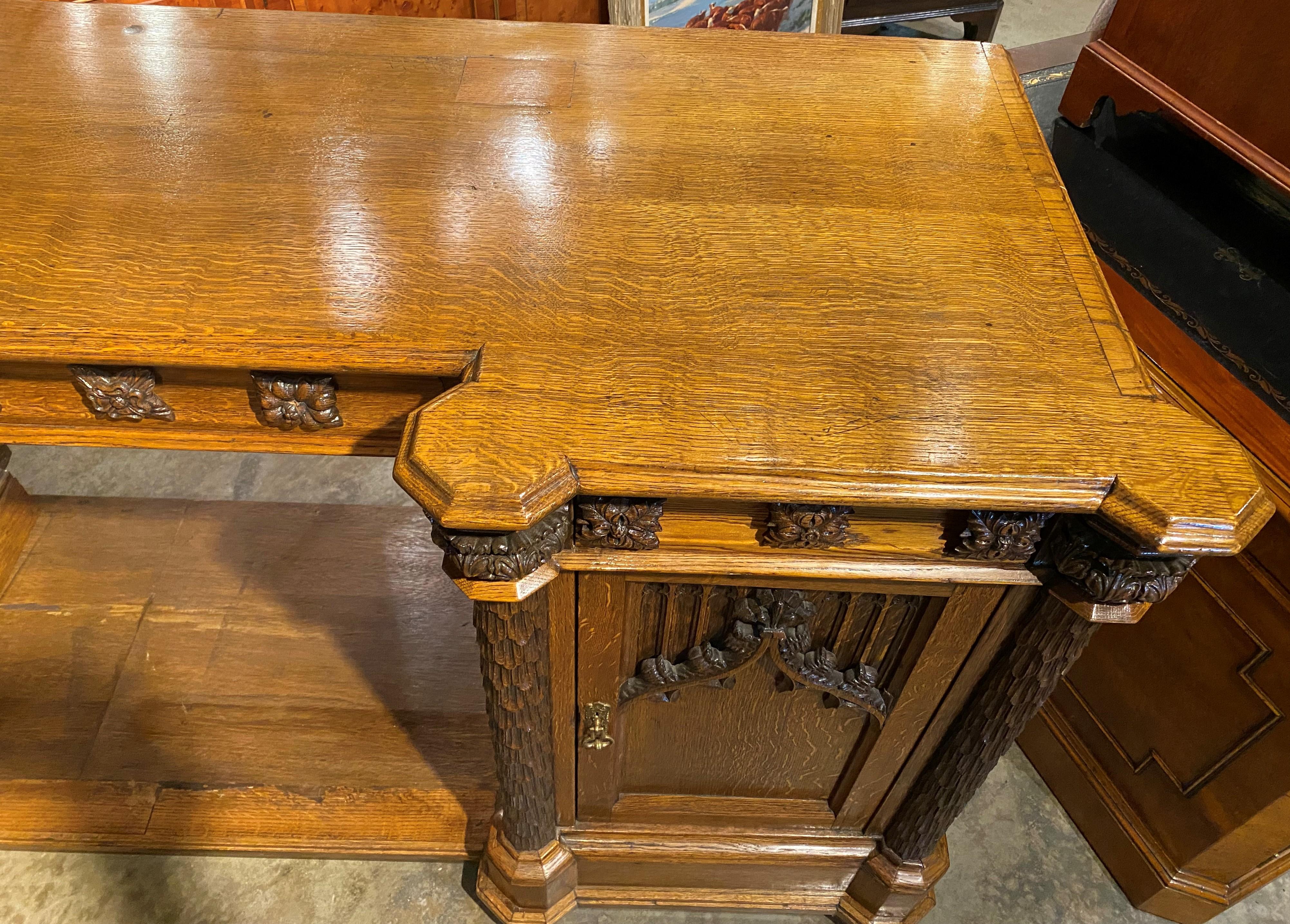Hand-Crafted Gothic Revival Quarter Sawn Oak Sideboard with Exceptional Carving For Sale