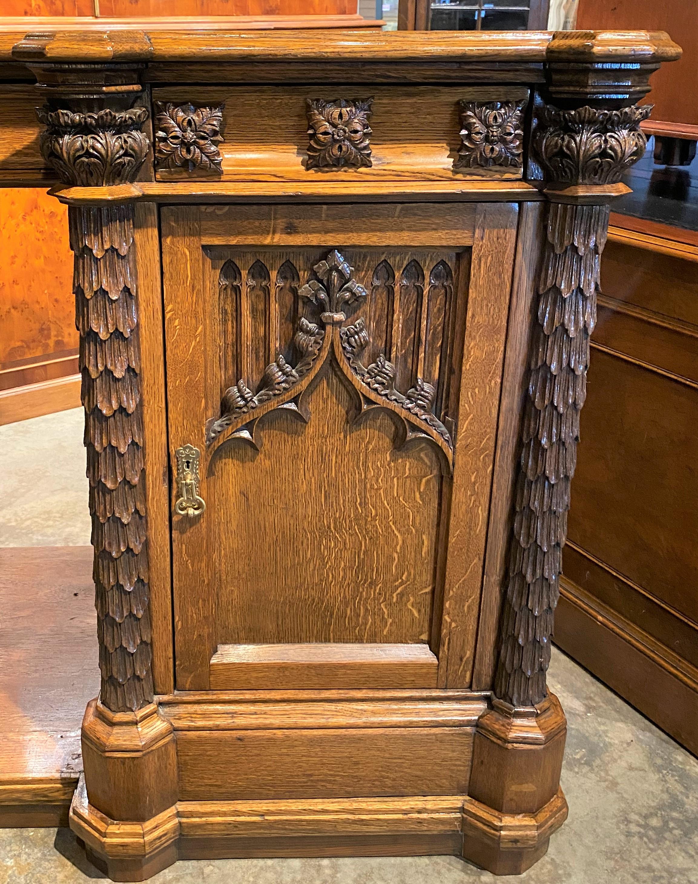 Gothic Revival Quarter Sawn Oak Sideboard with Exceptional Carving In Good Condition For Sale In Milford, NH