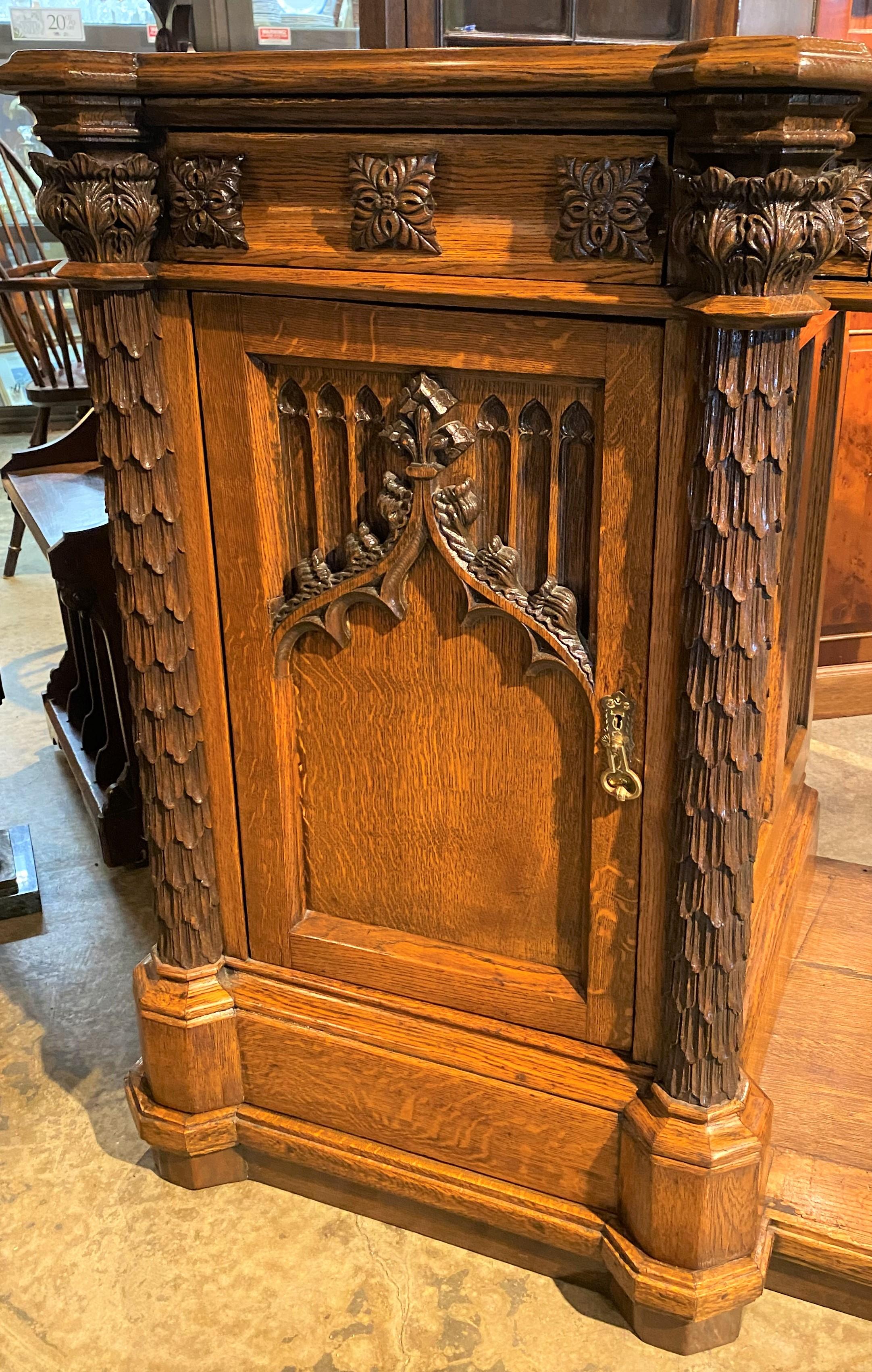 Gothic Revival Quarter Sawn Oak Sideboard with Exceptional Carving For Sale 1