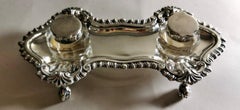 Victorian English Inkwell in Silver Plated, Queen Anne Style