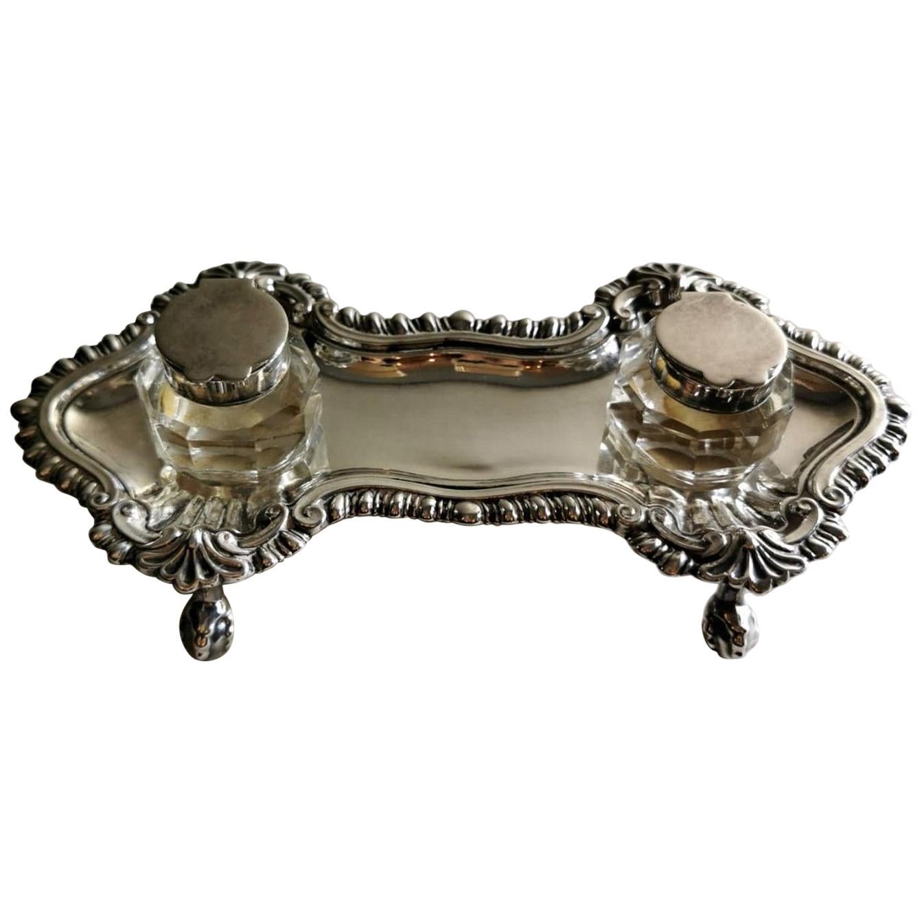 Victorian English Inkwell in Silver Plated, Queen Anne Style 