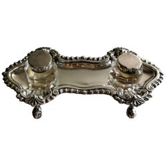 Victorian English Inkwell in Silver Plated, Queen Anne Style 