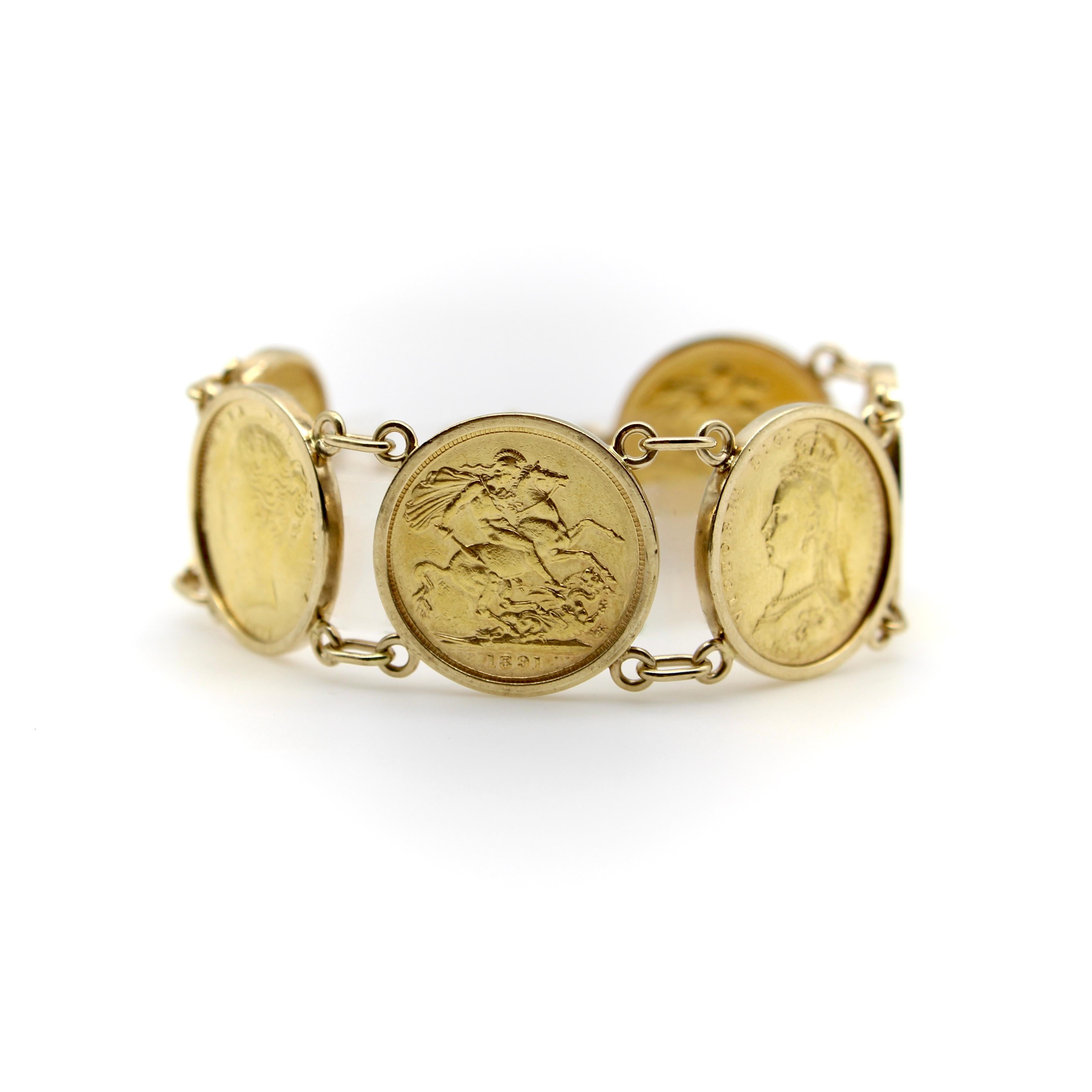 This 22k gold coin bracelet features six British sovereigns in 10k gold surrounds connected with double loops and a spring ring clasp. The coins range in date from 1877 through 1900, each with the portrait of Queen Victoria at various stages of