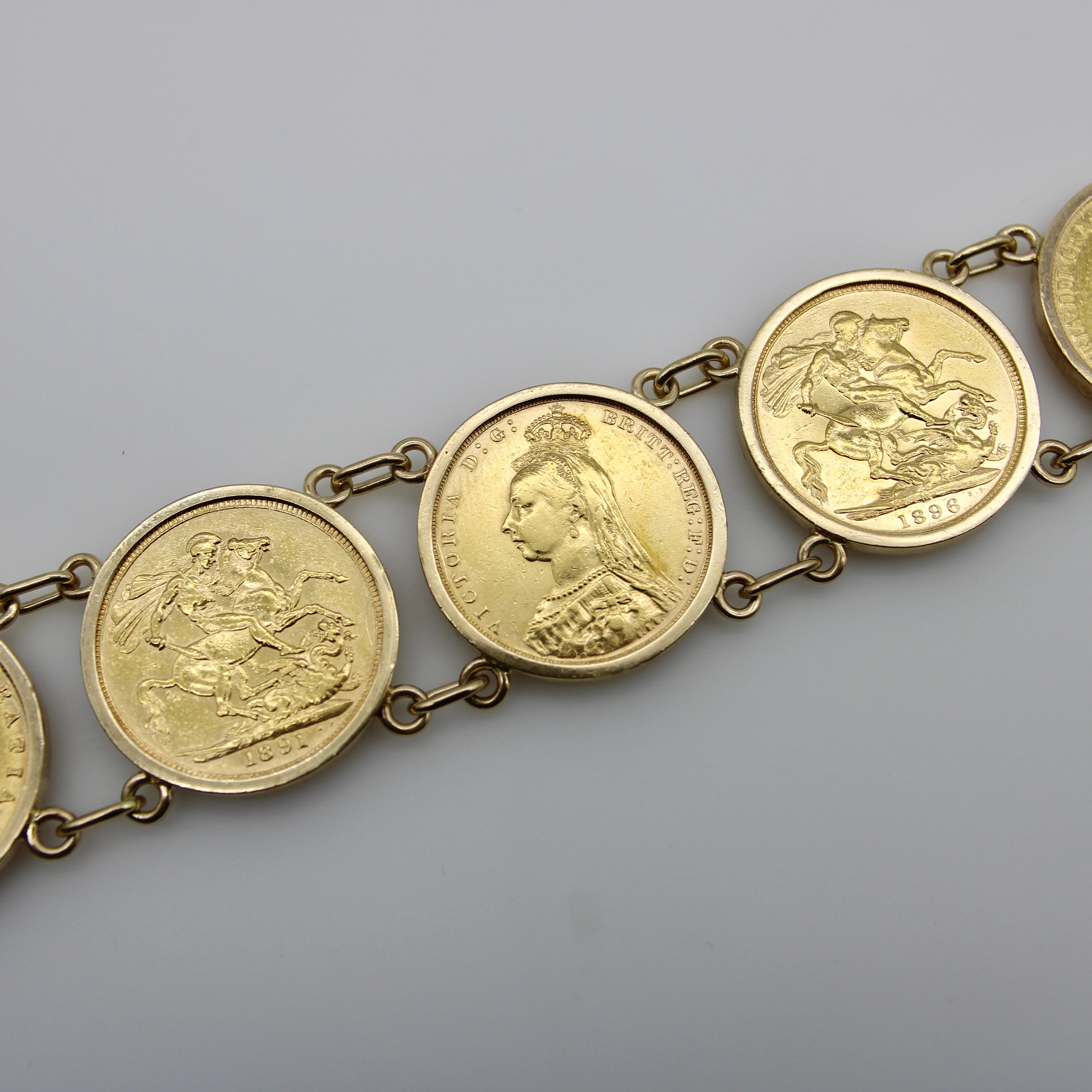 Victorian Queen Victoria  22K Gold British Sovereigns Coin Bracelet For Sale 1
