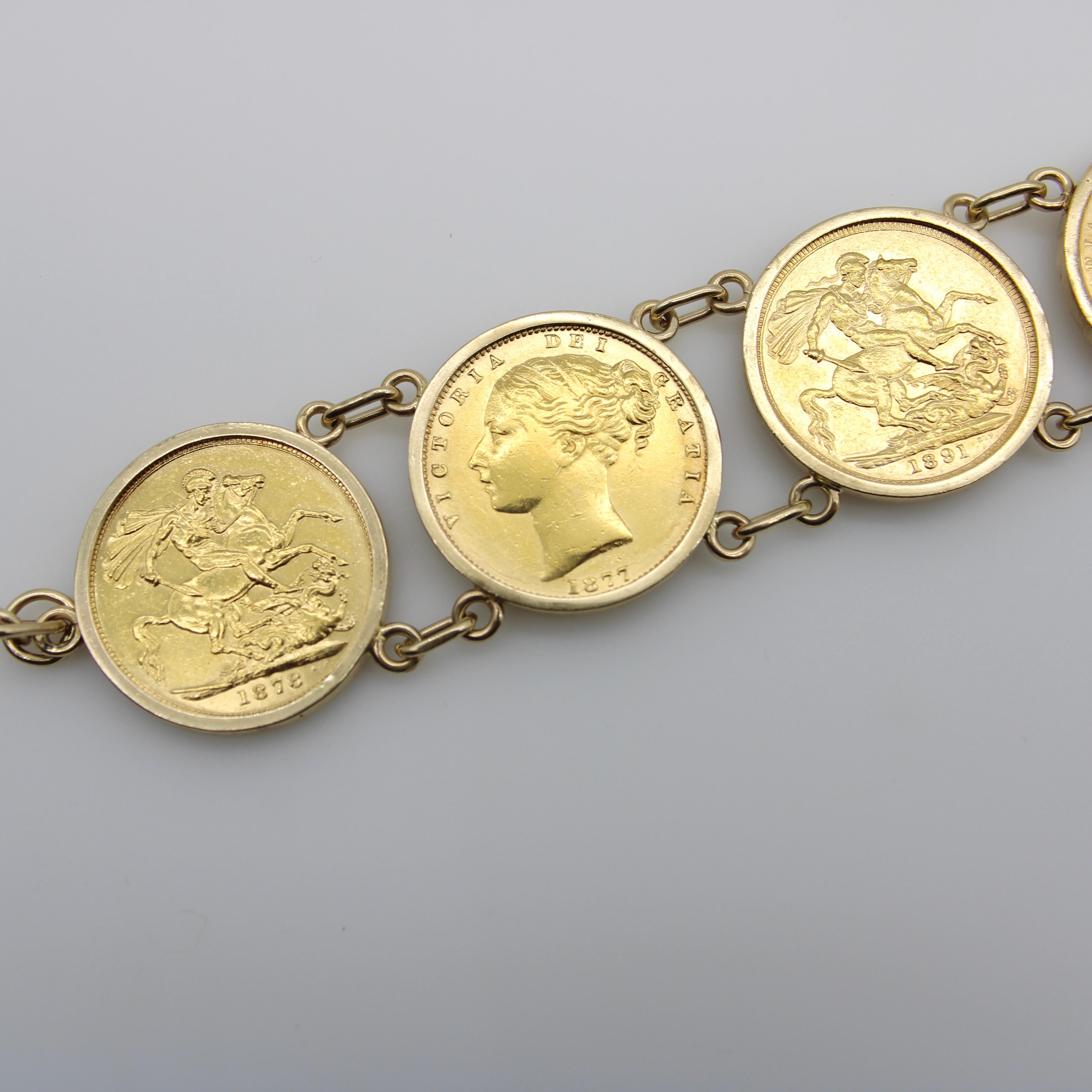 Victorian Queen Victoria  22K Gold British Sovereigns Coin Bracelet For Sale 2