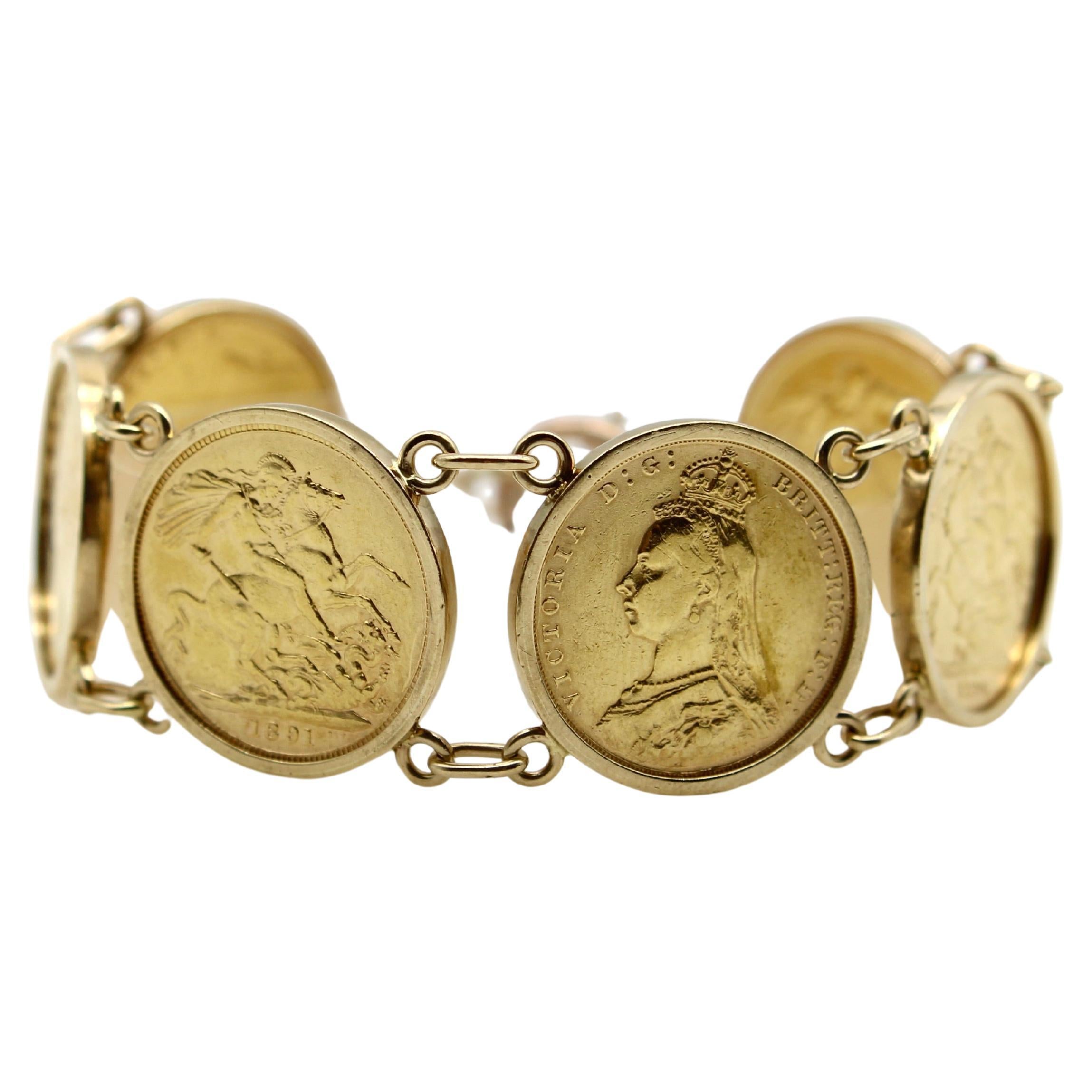 Victorian Queen Victoria  22K Gold British Sovereigns Coin Bracelet For Sale
