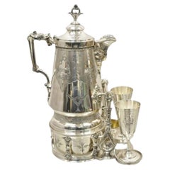 Victorian Racine Silver Plated Tilting Lemonade Water Pitcher on Stand w Goblets
