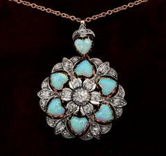 Victorian 10.50 Carat Heart Multi Opal 1.45 Carat Diamond Brooch Pendant