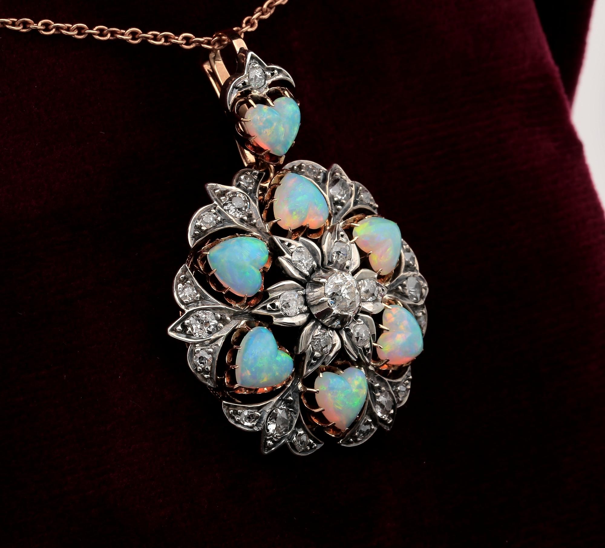 Victorian 10.50 Carat Heart Multi Opal 1.45 Carat Diamond Brooch Pendant In Good Condition For Sale In Napoli, IT