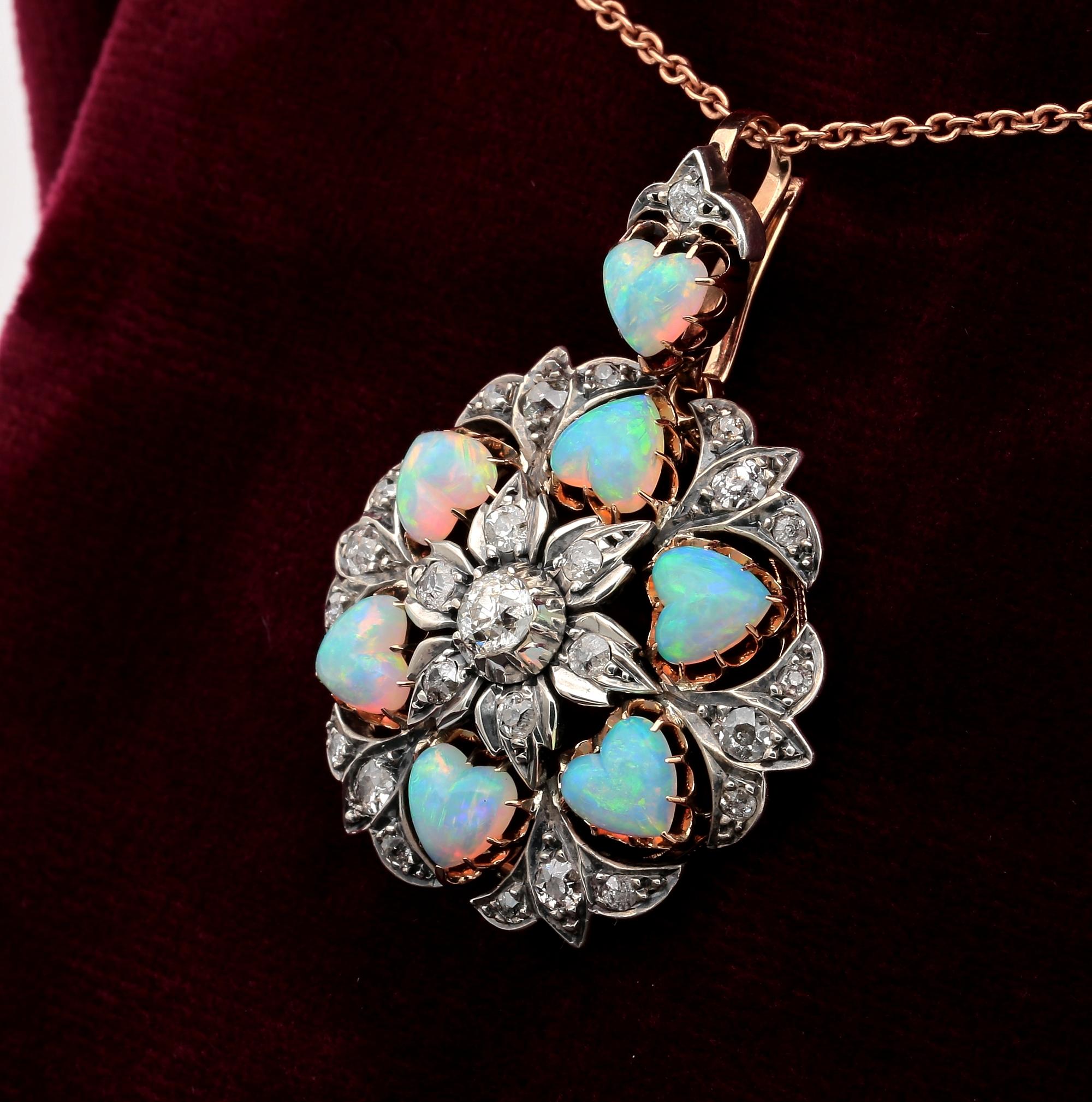 Women's Victorian 10.50 Carat Heart Multi Opal 1.45 Carat Diamond Brooch Pendant For Sale