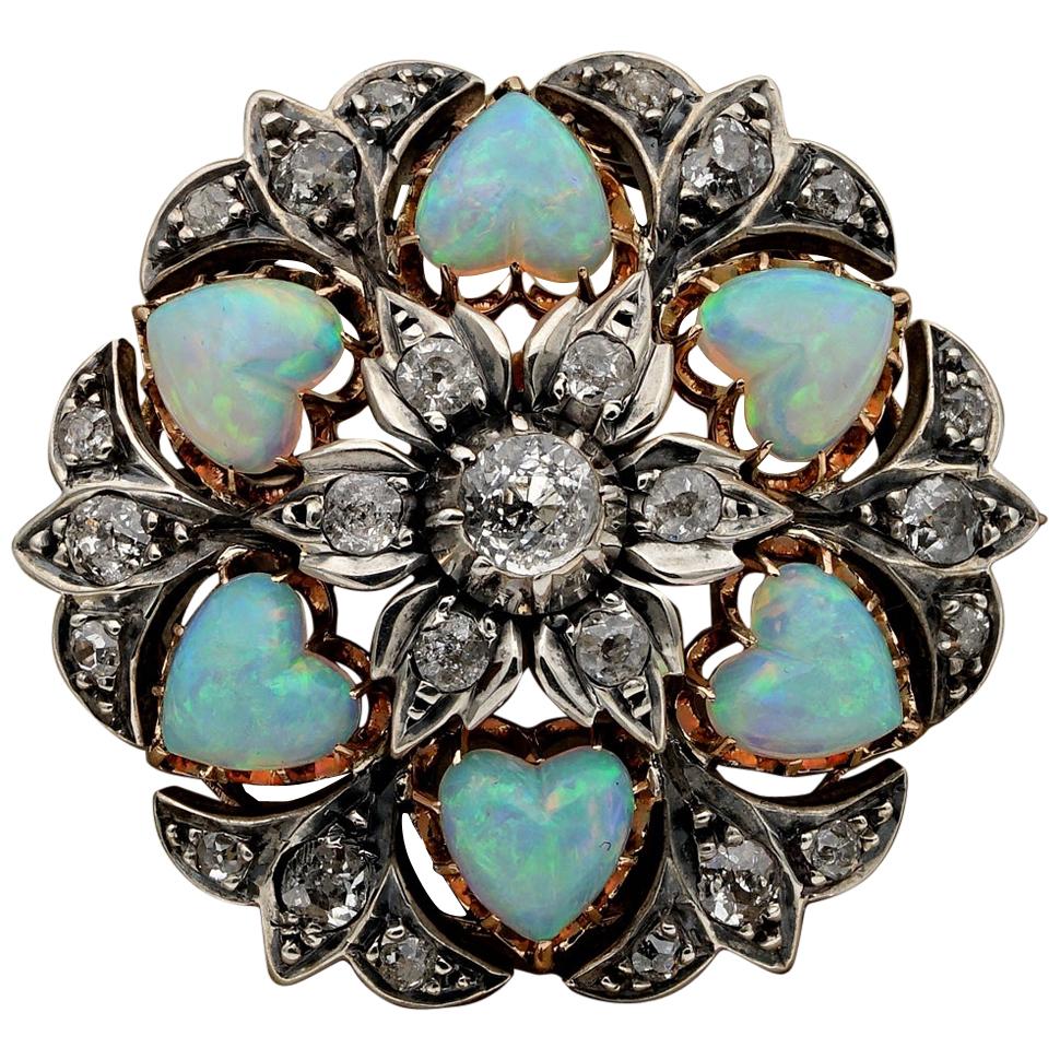 Victorian 10.50 Carat Heart Multi Opal 1.45 Carat Diamond Brooch Pendant For Sale
