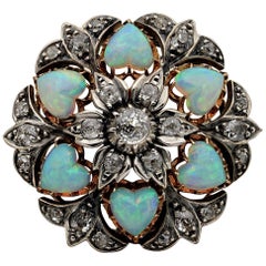 Antique Victorian 10.50 Carat Heart Multi Opal 1.45 Carat Diamond Brooch Pendant