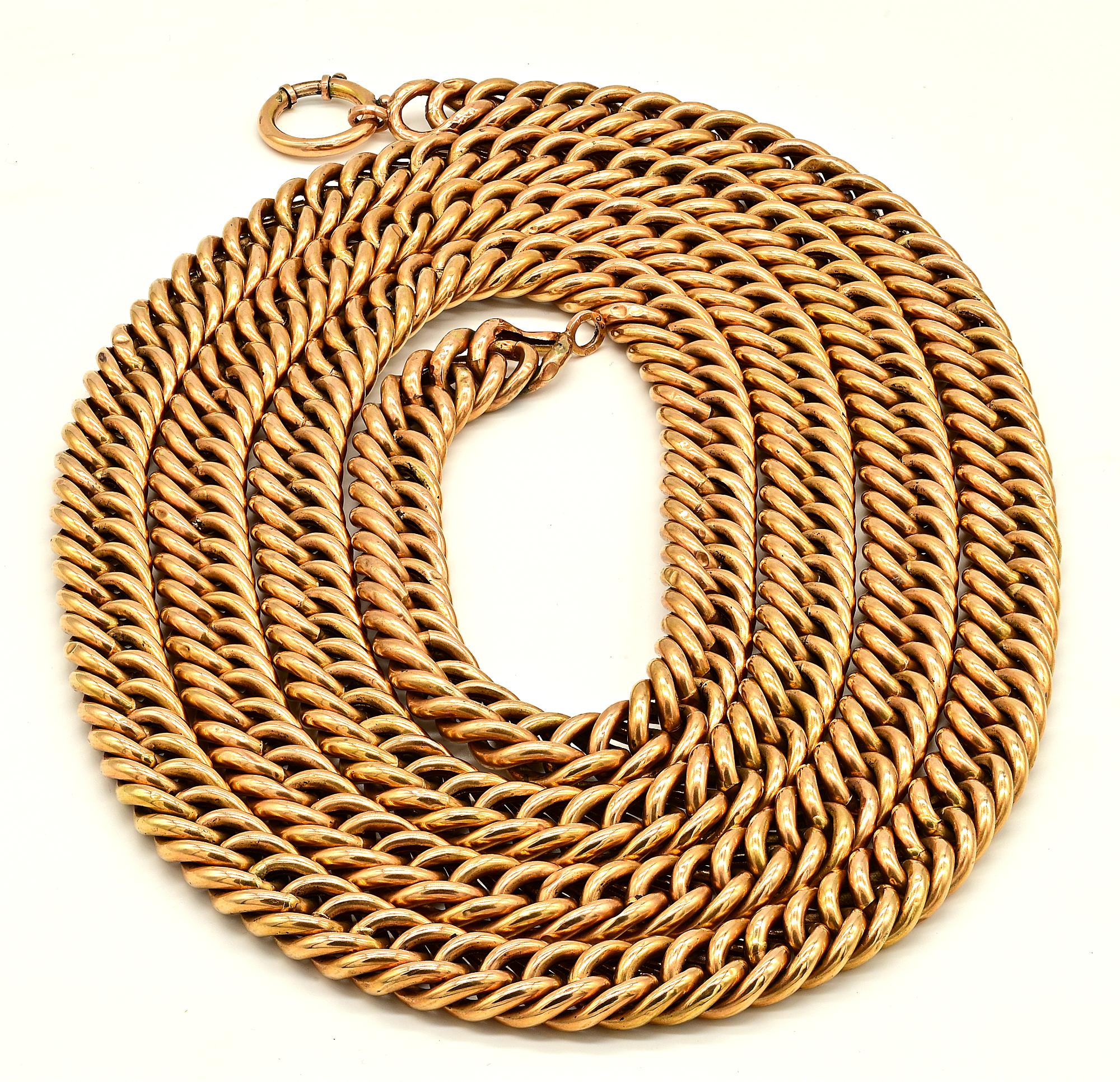 This amazing rare chain is Victorian period, 1880 circa
Hollow totally hand made Curb chain of immense beauty and incredible length of 1.82 mt equals to 1.99 yards
Incredible curb links 16 mm. wide
Solid 14 KT gold, bearing horse head hallmarks and