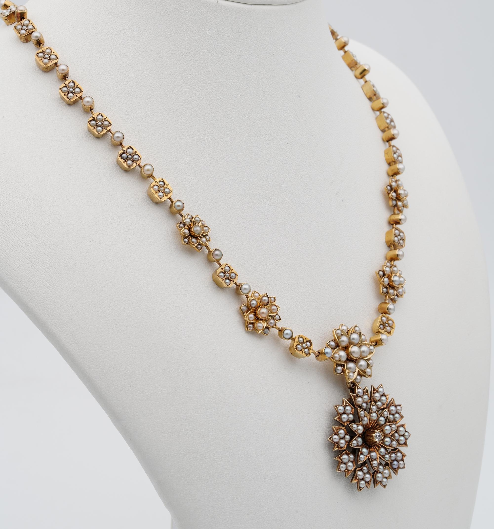 Victorian rare 18 KT Split Pearl Necklace and Brooch Pendant In Good Condition For Sale In Napoli, IT