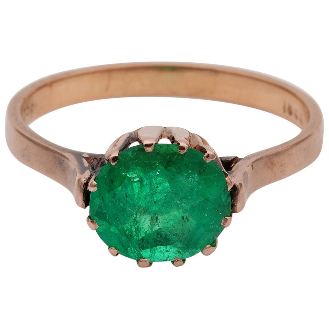 Victorian Rare 1.85 Carat Colombian Emerald Solitaire Ring 18 Karat Rose Gold For Sale