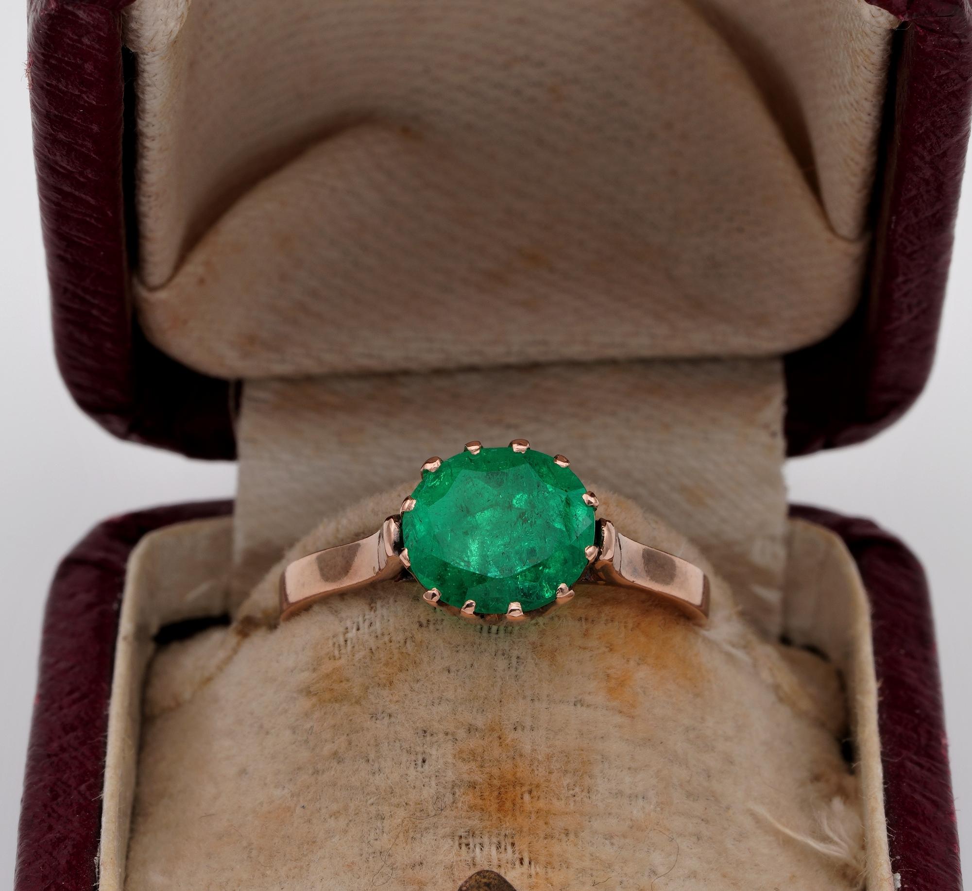 Victorian Glory

Beautiful, antique, 1880 ca. Victorian period, Natural Emerald Colombian origin, solitaire ring
Gorgeously set as main stone on distinctive Victorian mounting hand made of solid 18 KT rose gold
Lovely claws holding the Emerald, for