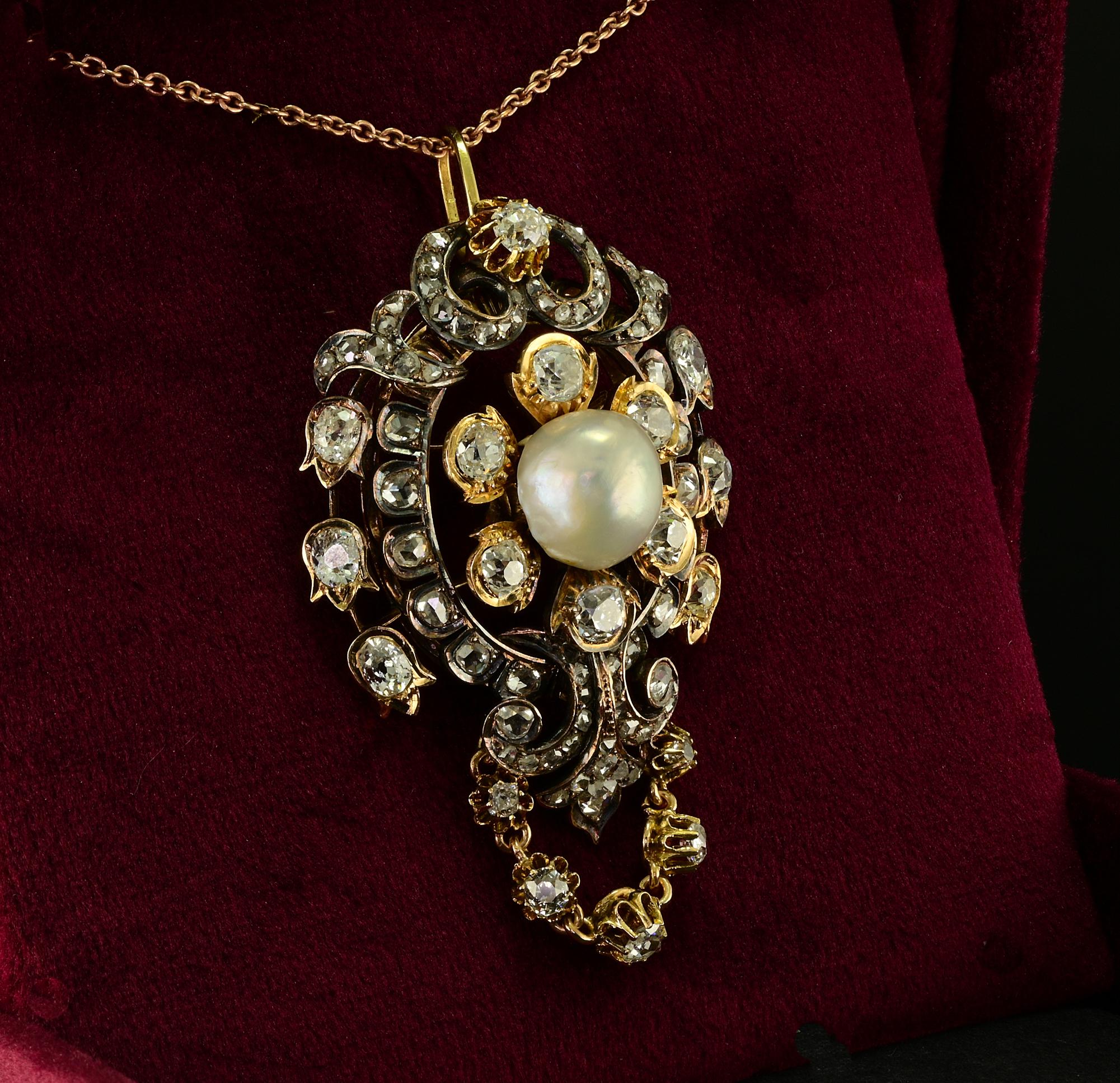 Victorian Rare 4.90 Ct Diamond Natural Pearl 18 KT/Silver Pendant In Good Condition For Sale In Napoli, IT