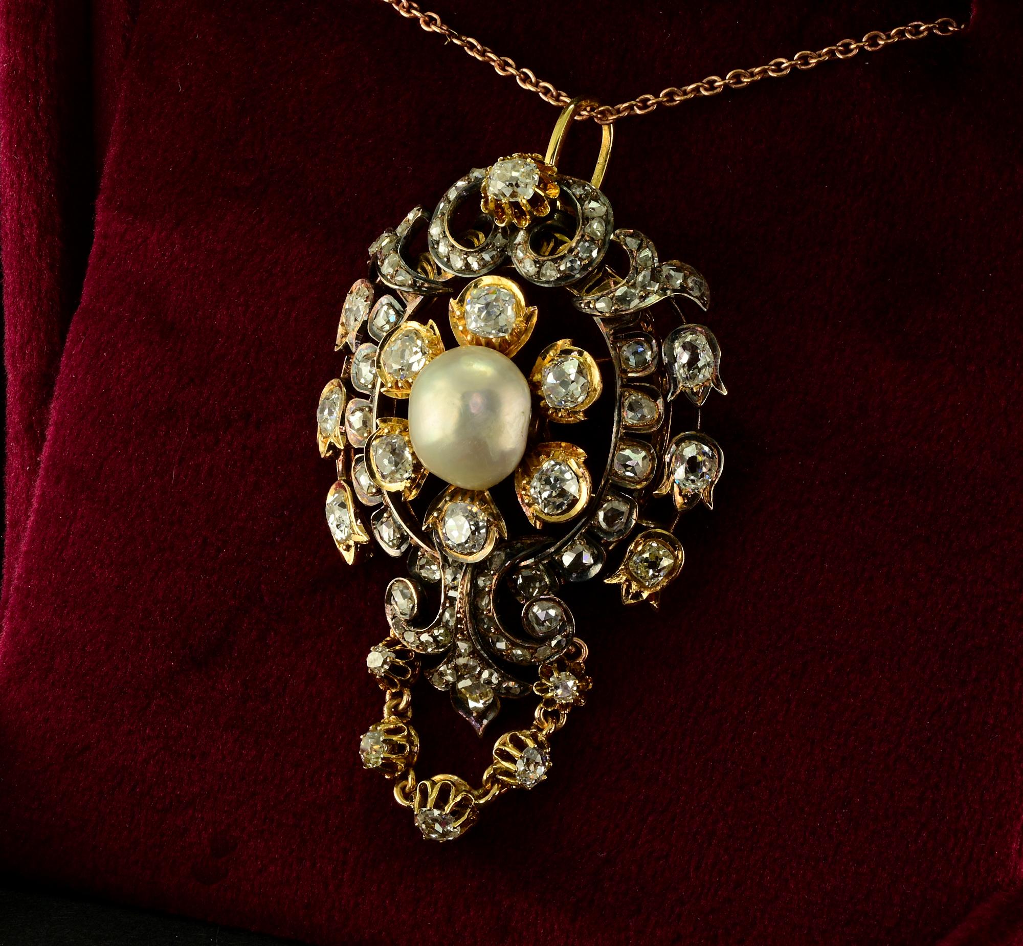 Victorian Rare 4.90 Ct Diamond Natural Pearl 18 KT/Silver Pendant For Sale 1