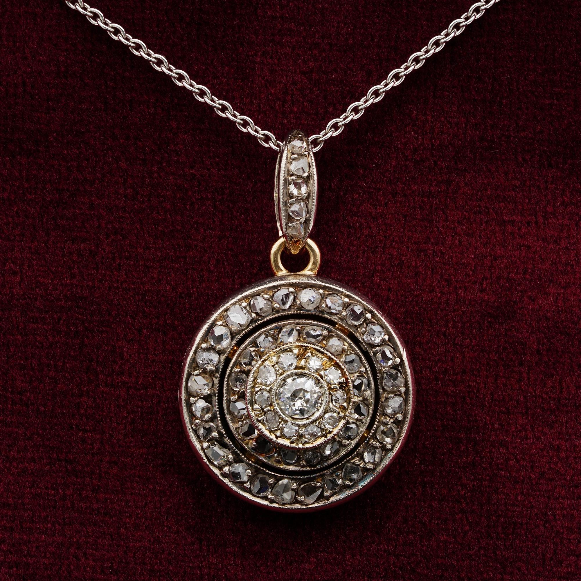 Diamond Target

Rare, good sized, unusual, genuine Victorian era
Large target shape pendant, catching and reflecting light from every side
It has been beautifully hand crafted of solid r8 KT gold with silver top housing Diamonds
It measures 29 mm. x